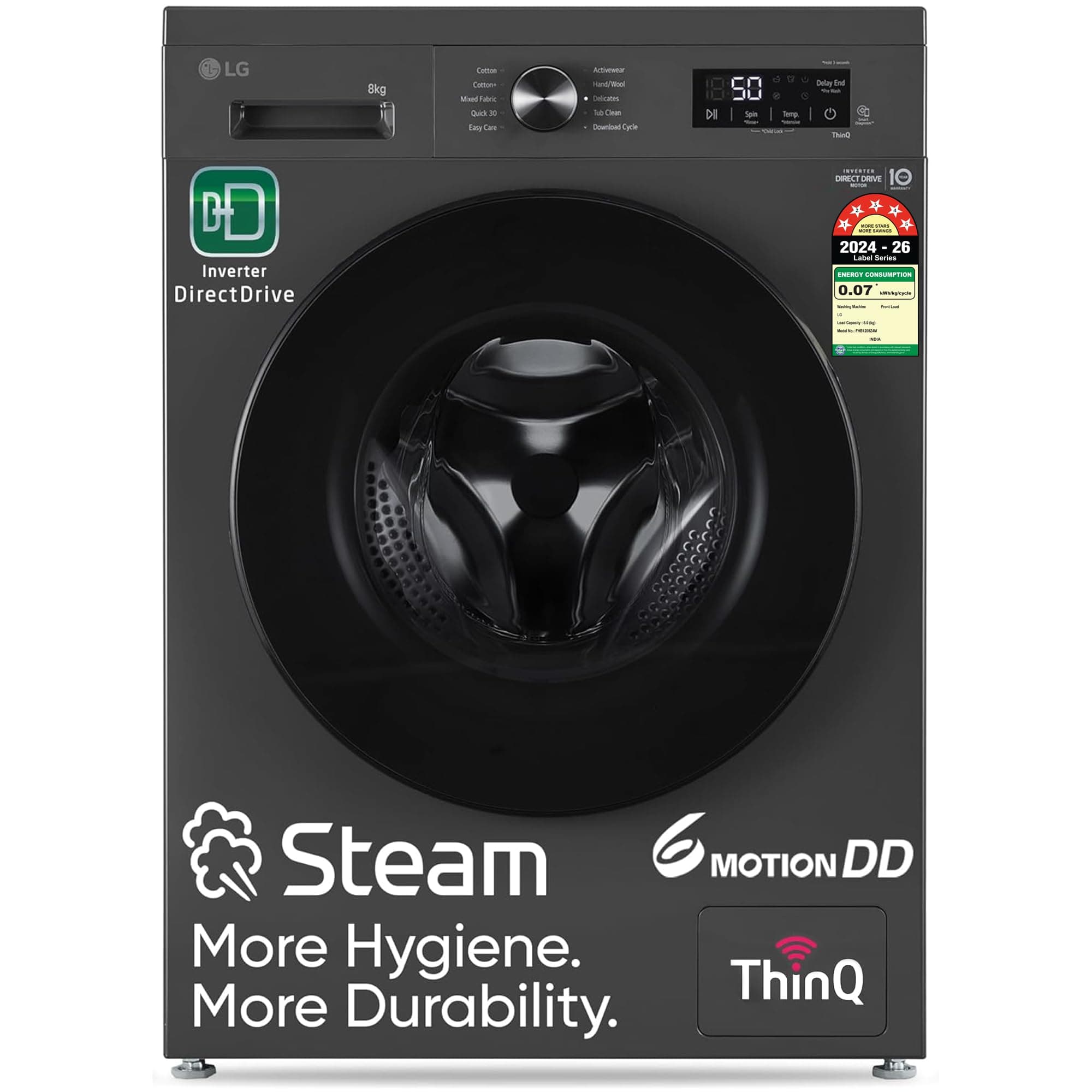 LG 8 Kg, 5 Star, Wi-Fi, Direct Drive Technology, Steam Wash, 6 Motion DD, Fully-Automatic Front Load Washing Machine (FHB1208Z4M, Allergy Care, In-Built Heater, Touch Panel, Middle Black)