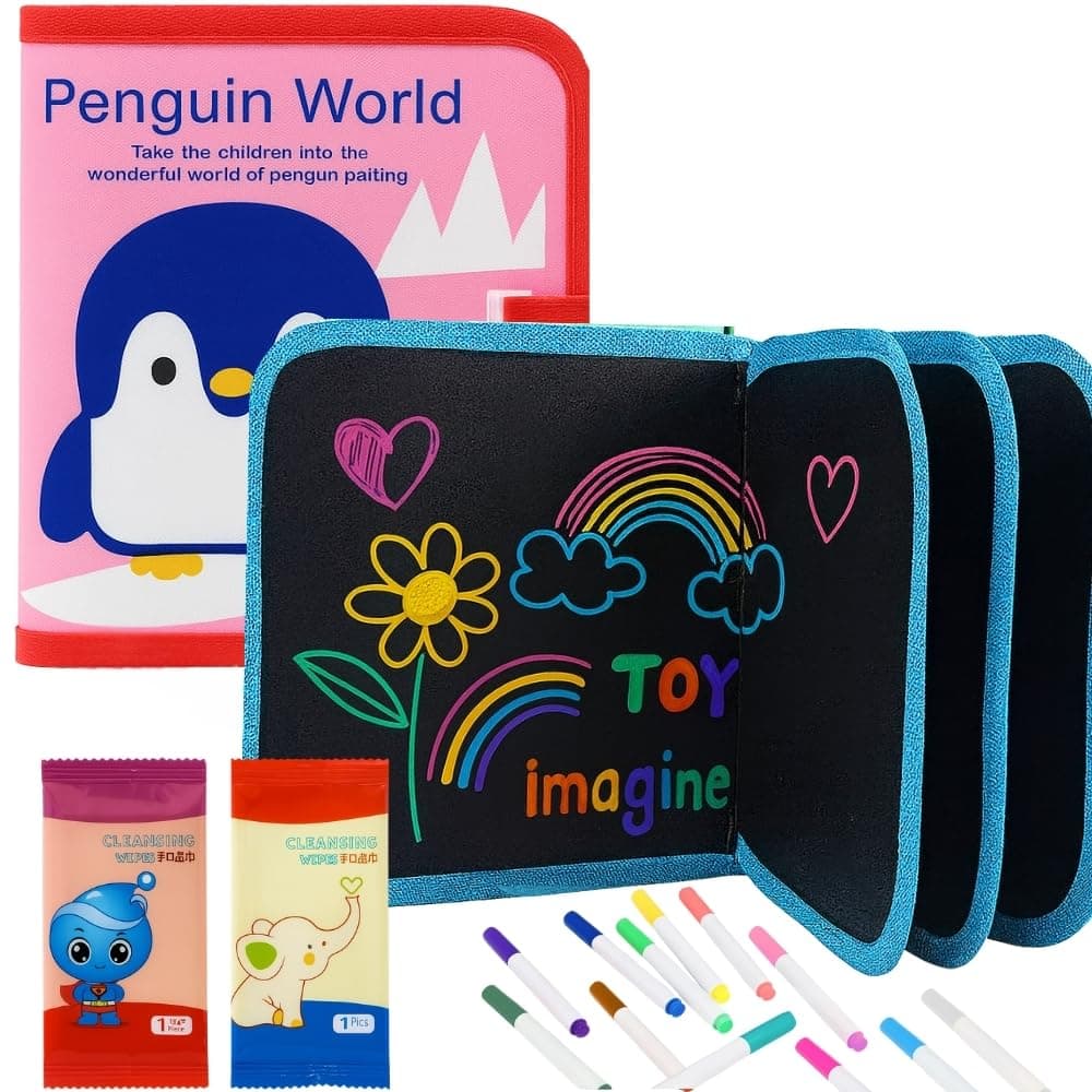 Toy Imagine 14 Pages Erasable Doodle Book with Markers & Wet Wipes Reusable Drawing & Coloring Pad | Magic Water Slate Activity Kit for Boys & Girls | Travel Sketching & Painting Book Multicolor
