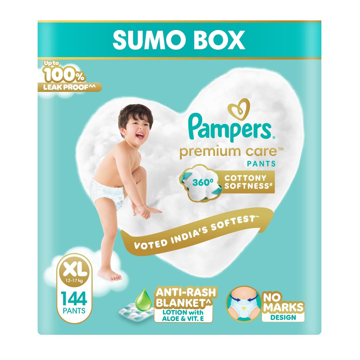 Pampers Premium Care Pant Style Baby Diapers XL 144 Count | No Marks Design | Voted India’s #1 Softest Diaper | All in 1 diaper with 360 Cottony Softness