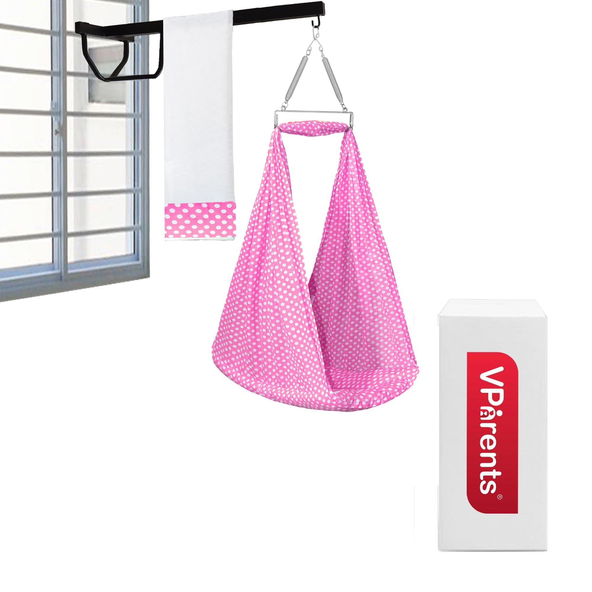 VParents Sleeping Essentials Set with Mosquito Net, Spring & Window Stand (Pink) | Polka Dots