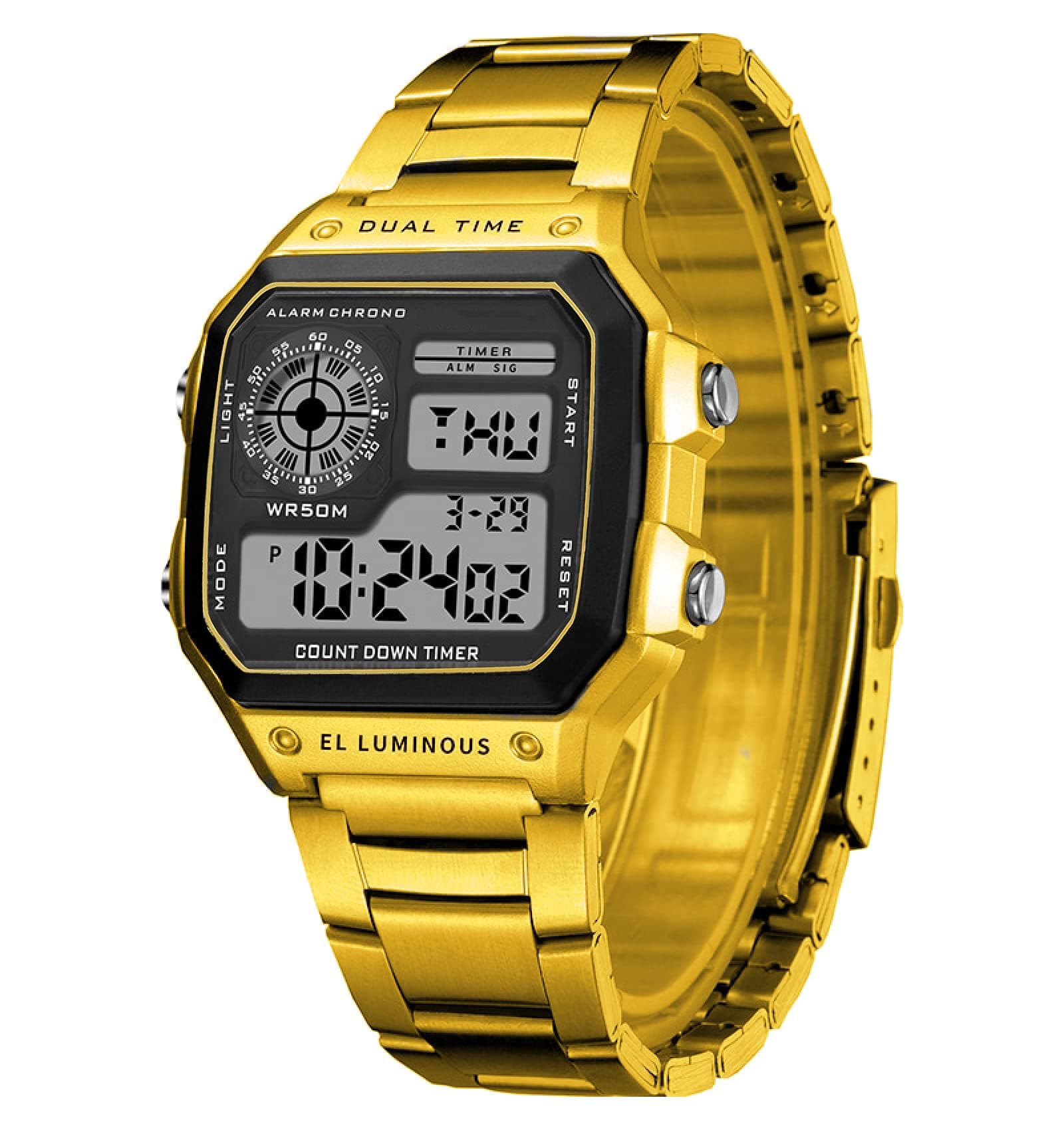 Shocknshop Digital Sports Square Black Dial Stainless Steel Strap Unisex Watch (Black Dial & Gold Colored Strap) -WCH53