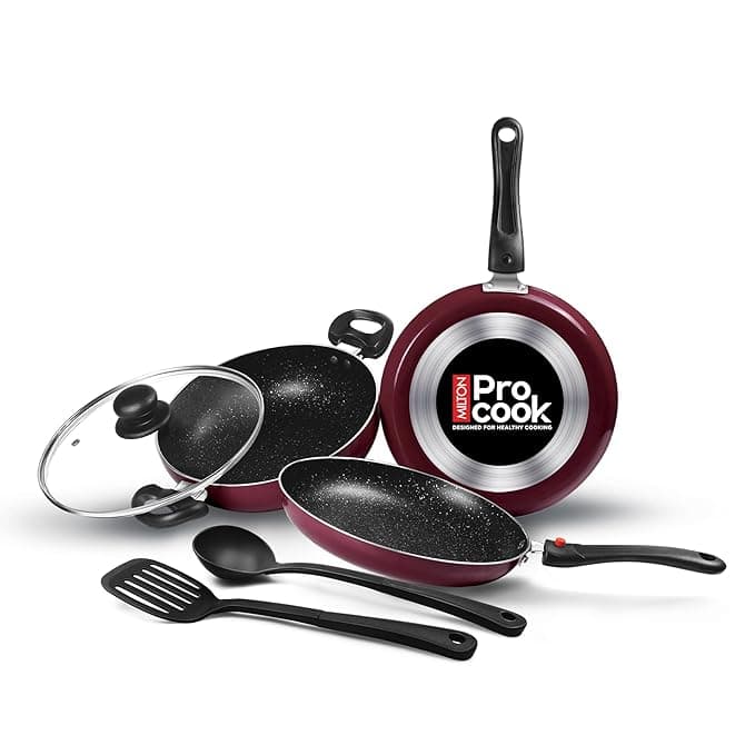 Milton Pro Cook Kitchen Pride Non-Stick Cookware Set of 5 | Includes Nonstick Tawa, Frying Pan, Kadhai with Lid, Nylon Laddle & Spatula | Non-Induction Base | Peach Color