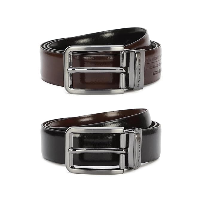 Louis Philippe Men's 100% Italian Leather Brush Gun Metal Buckle Formal Reversible Belt