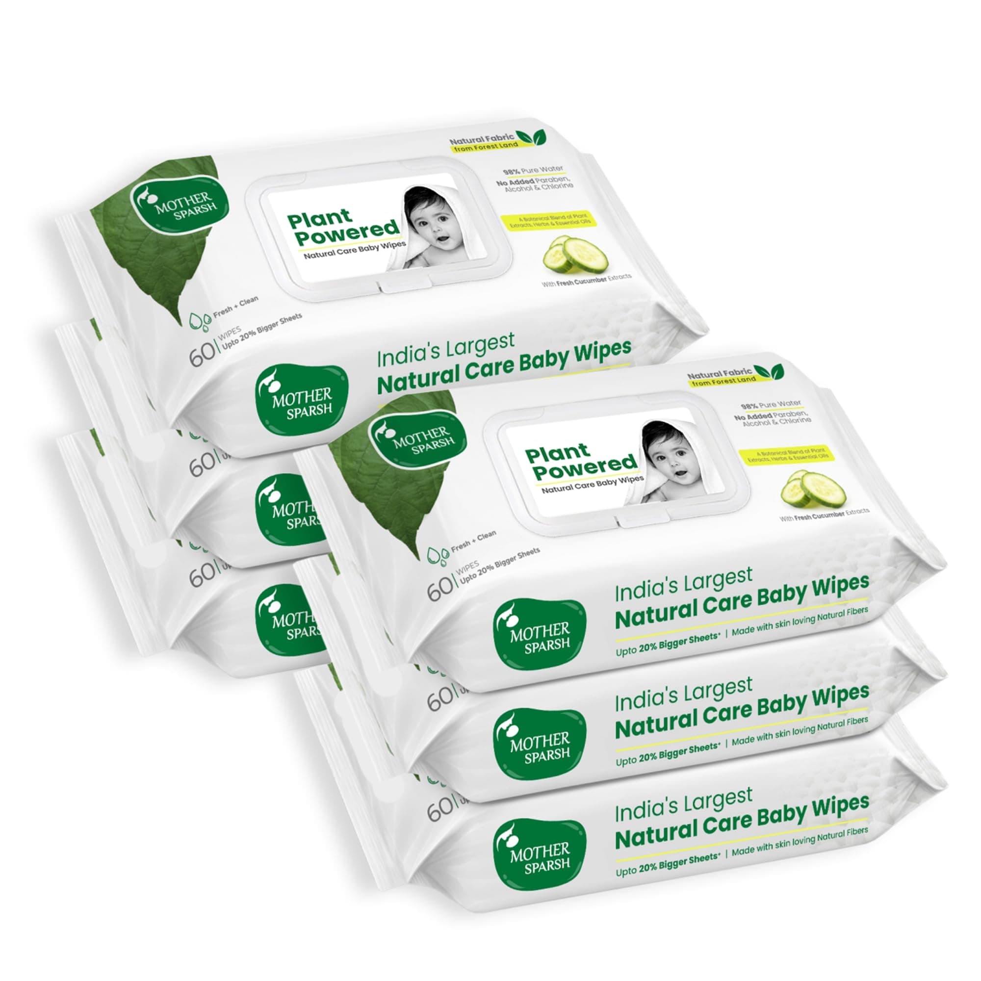 Mother Sparsh Natural Care Baby Wipes 60 Pcs (Pack of 6) I 100% Plant Made Fabric From Forest Land | Fresh+Cleanse (with Cucumber) Plant Powered Wet Wipes For Baby I Cotton Cloth Like Bigger Sheets