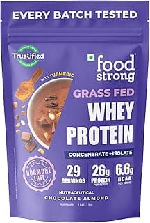 Foodstrong Whey Protein Powder (Concentrate + Isolate), 100% Hormone Free Grass-Fed Whey, 26G Protein & 6.6G BCAA, Chocolate Almond, With Turmeric & Digestive Enzymes, 1KG