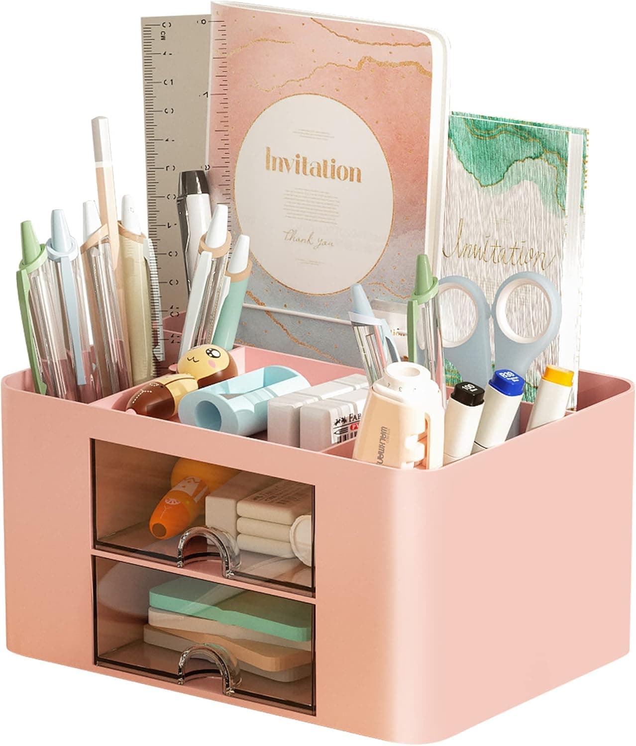 UCRAVO Office Desk Plastic Organizer with Drawer, All in One Office Supplies and Cool Desk Accessories Pen Holder, Enhance Your Decor, Desktop 5 Compartments & 2 Drawer Laddered Desk Organizer (Pink)