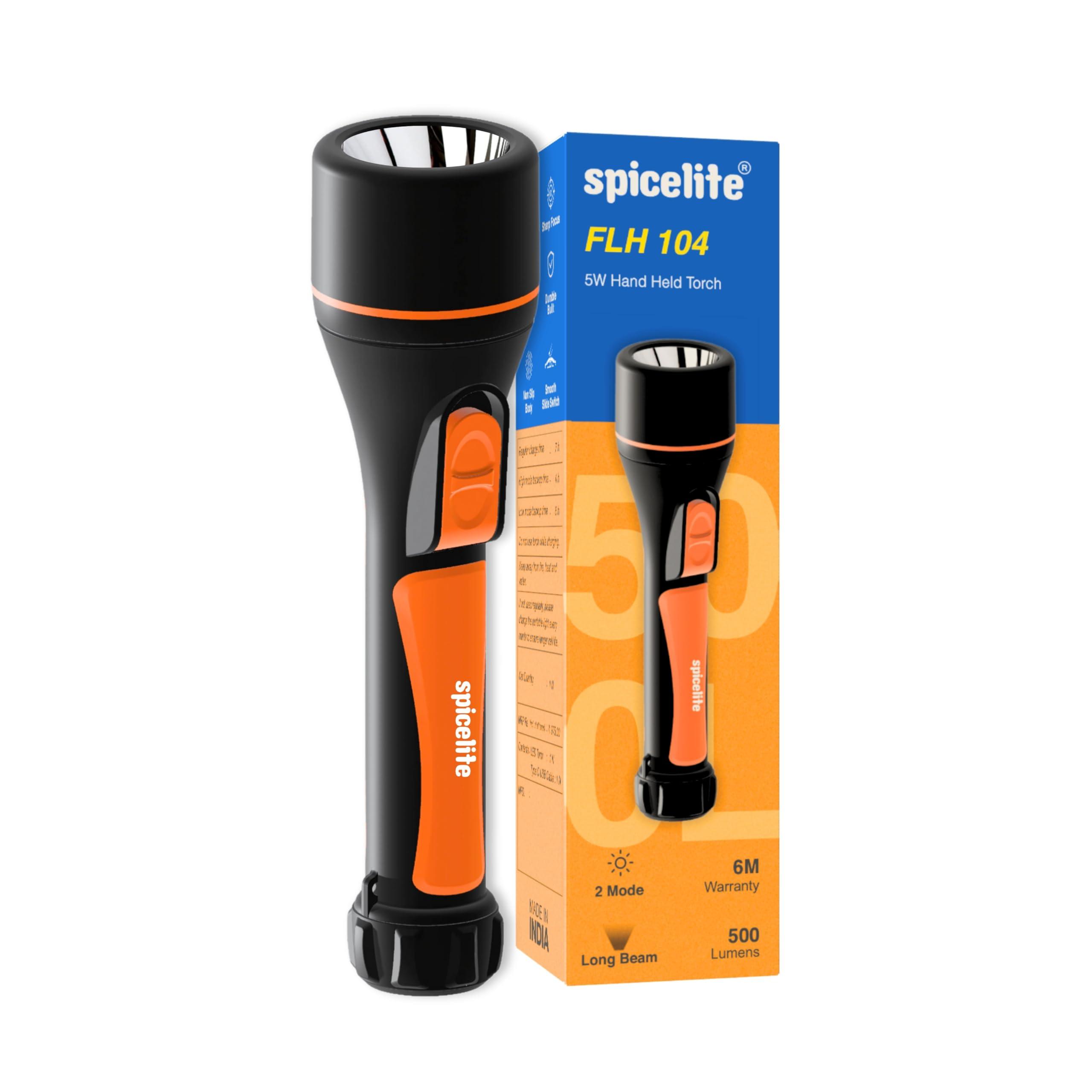 GP Spicelite 5W High Power LED Rechargeable Torch Light | 1KM Long Range Beam | Up to 6 Hours Backup | 2 Light Modes | 500 Lumens | ABS Body Unbreakable | IP 20 Rated | USB Type C Fast Charging