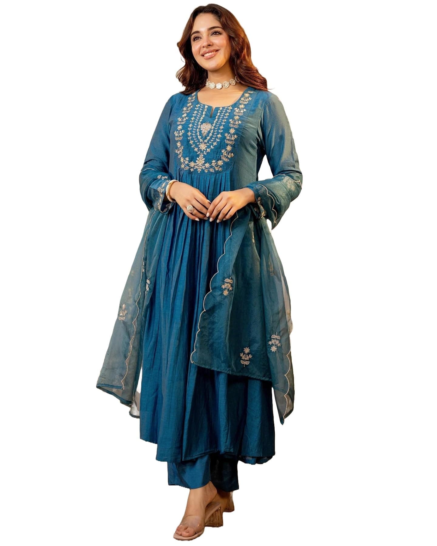 Nermosa Women Embroidery Solid A-Line Kurta and Pant Set with Dupatta (IN, Alpha, L, Morepeach)