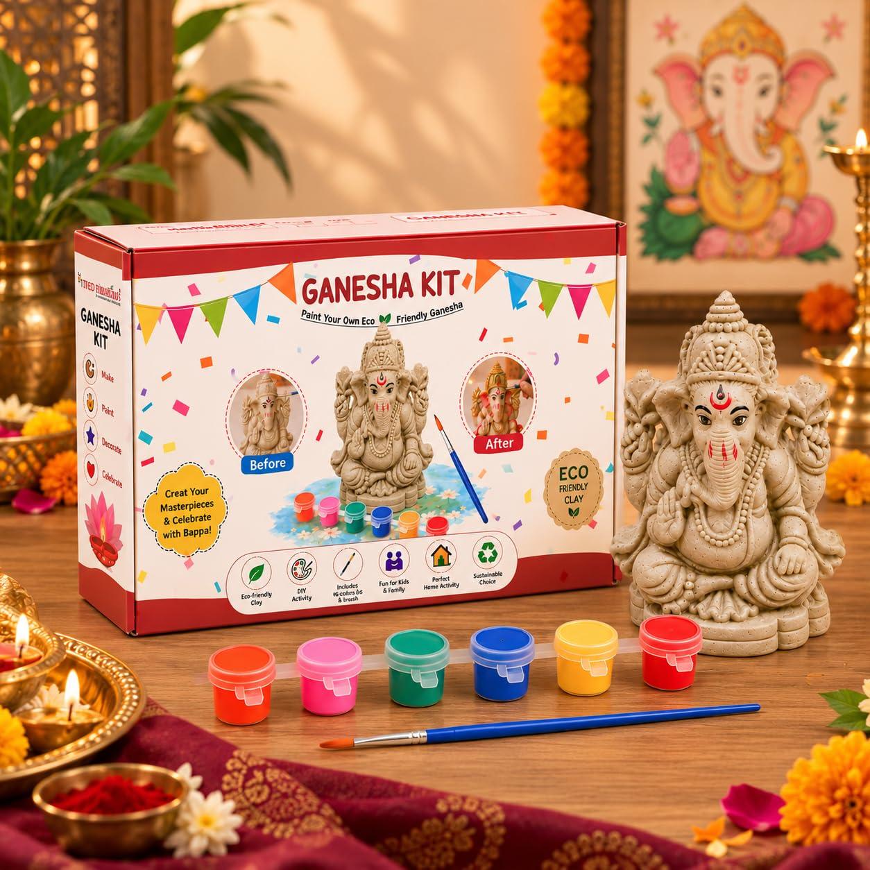 TIED RIBBONS Eco-Friendly DIY Paint Your Own Ganesh Idol Kit for Kids & Adults - (Clay, 9.1 cm) | Ganesh Statue for Ganesh Chaturthi Painting Kit with 6 Water Colors & Paint Brush | Art & Craft Kit