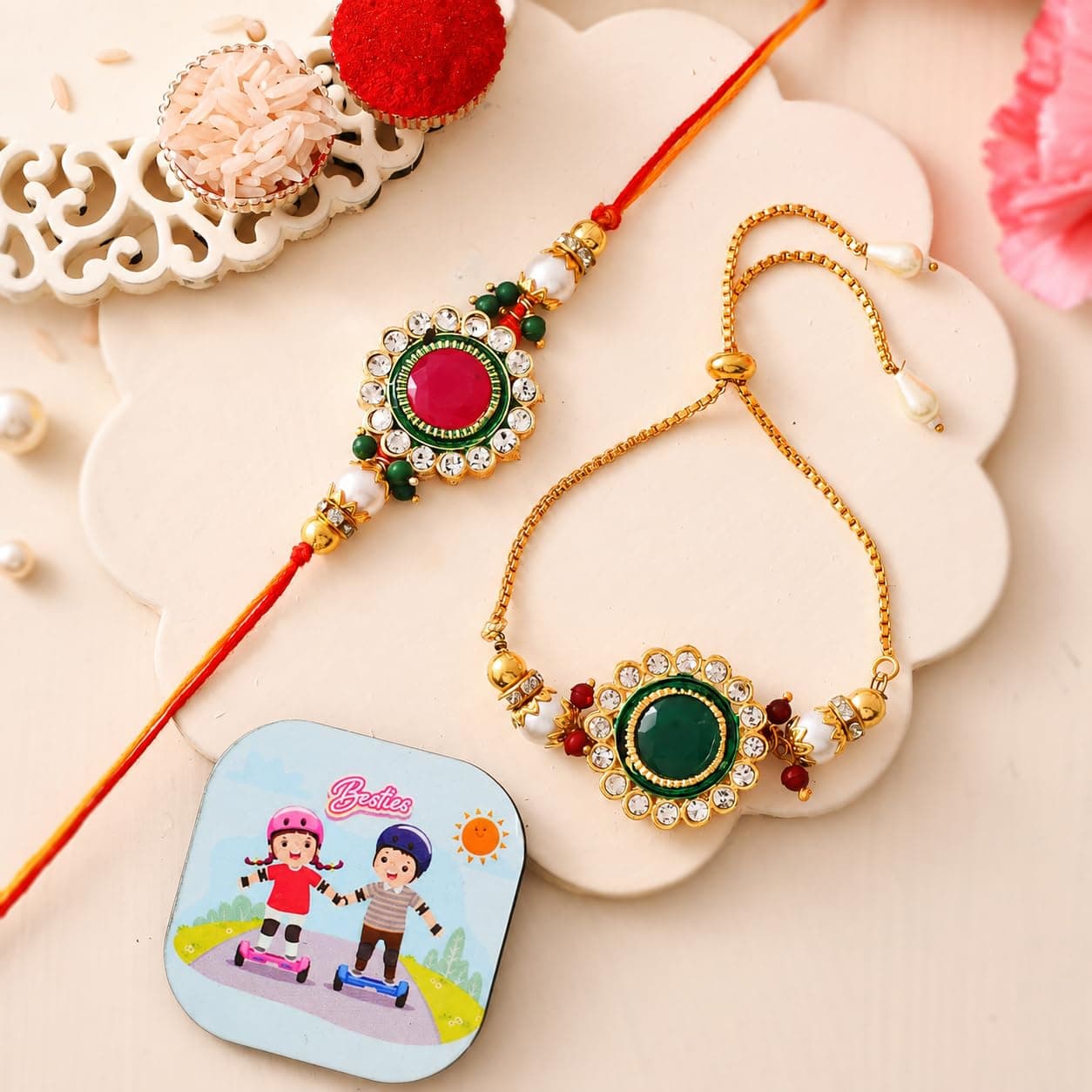 CraftVatika Rakhi for Brother Bhabhi Gift Combo, Kundan Rakhi with Fridge Magnet, Couple Pair Rakhi for Bhaiya Bhai Bhabhi, Set of 2 Kundan Rakhi for Men Women Tilak Set