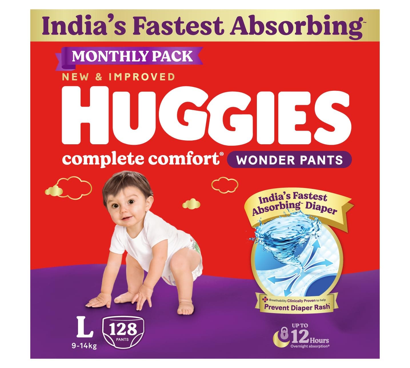 Huggies Complete Comfort Wonder Pants | Pant Style Baby Diapers Large Size (L), 128 Count | India's Fastest Absorbing Diaper, Patented Dry Xpert Channel, Ideal for 9 to 14 Kgs (64 Count, Pack of 2)