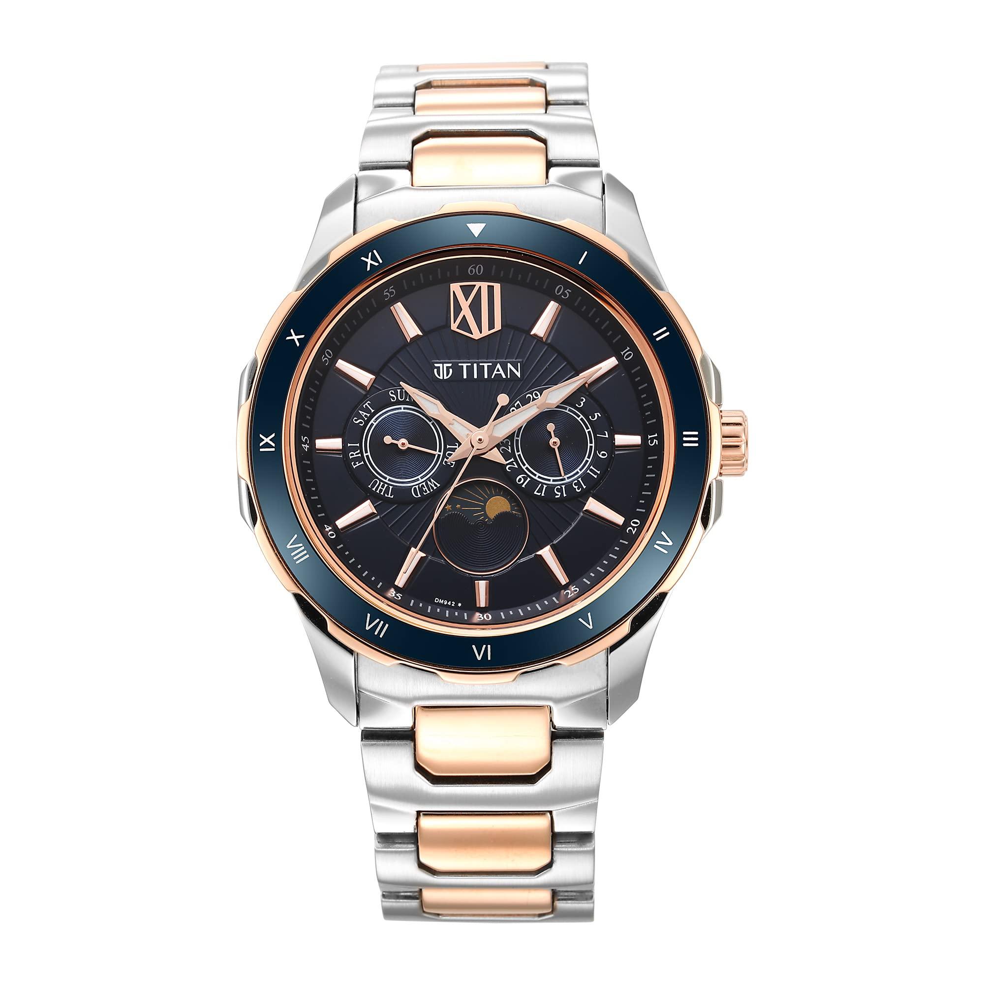 Titan Regalia Premium Quartz Multifunction Navy Blue Dial Two Toned Silver and Rose Gold Stainless Steel Strap Watch for Men - NT1688KM06