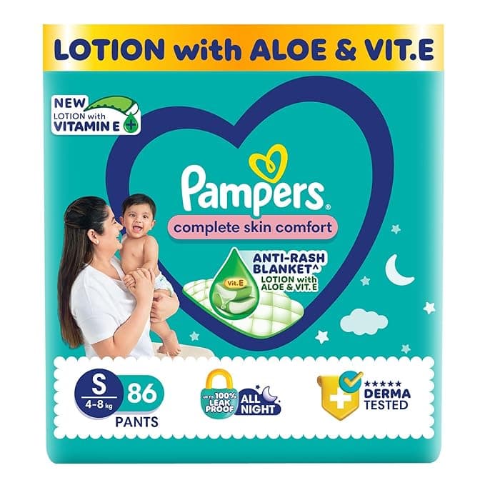 Pampers Complete Skin Comfort Pants, (S) 86 Count, Anti-rash blanket, Lotion with Vitamin E & Aloe Vera, Small size baby diapers, 4-8 kg