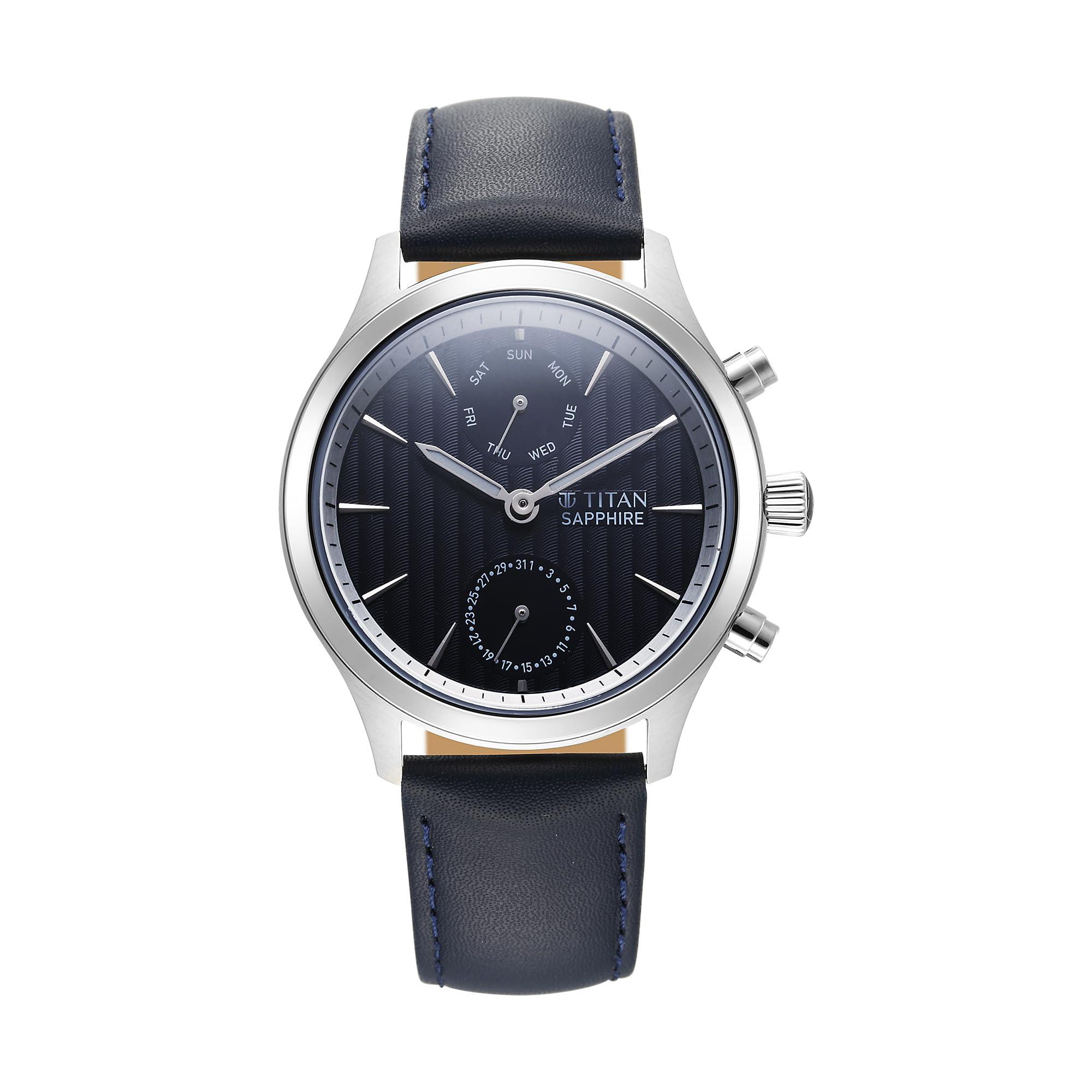 Titan Sapphire Quartz Multifunction Grey Dial Blue Leather Strap Watch for Men - NT1874SL02