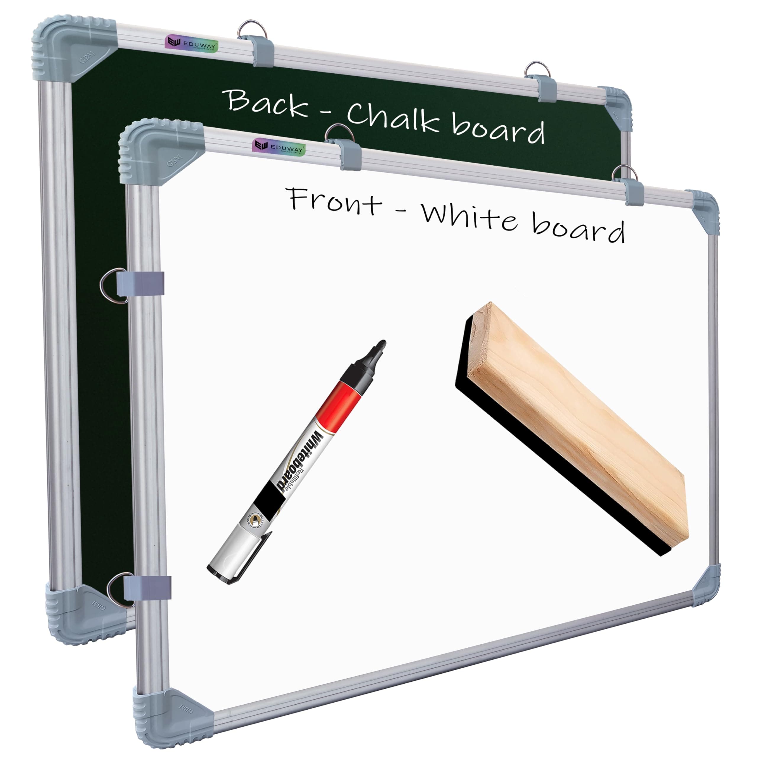 Eduway 2x2 Feet Kunj Non-Magnetic Double-Sided White Board and Chalkboard Combo with 1 Marker and 1 Duster | Ideal Use for Home, Office, with Sliding Hanging Clips, Robust Aluminum Frame (59x59 Cms)