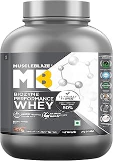 MuscleBlaze Biozyme Performance Whey Protein Powder, Chocolate Hazelnut (2kg / 4.4lbs) | 25g Protein Per Scoop | Clinically Tested 50% Higher Protein Absorption