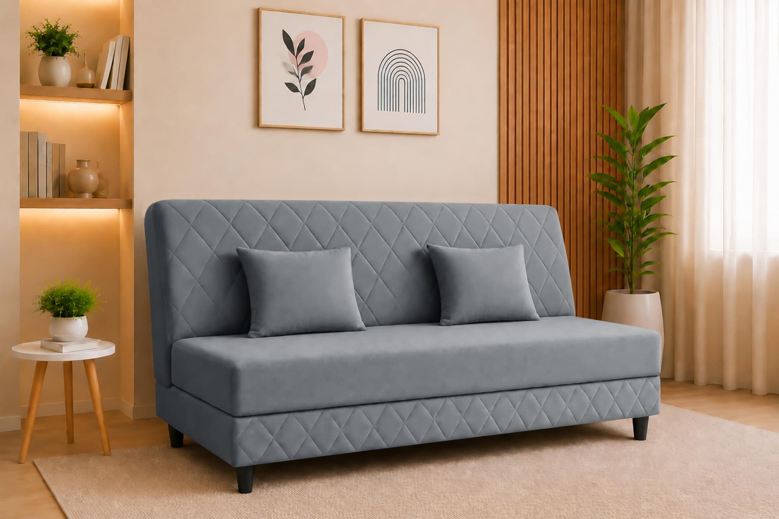 Deco Studio Velvet Fabric Sofa Cum Bed | 3 Seater Sofa Bed | Premium Upholstered Folding Couch for Living Room, Guest Room & Bedroom | Quilted Backrest with 2 Cushions (Grey)