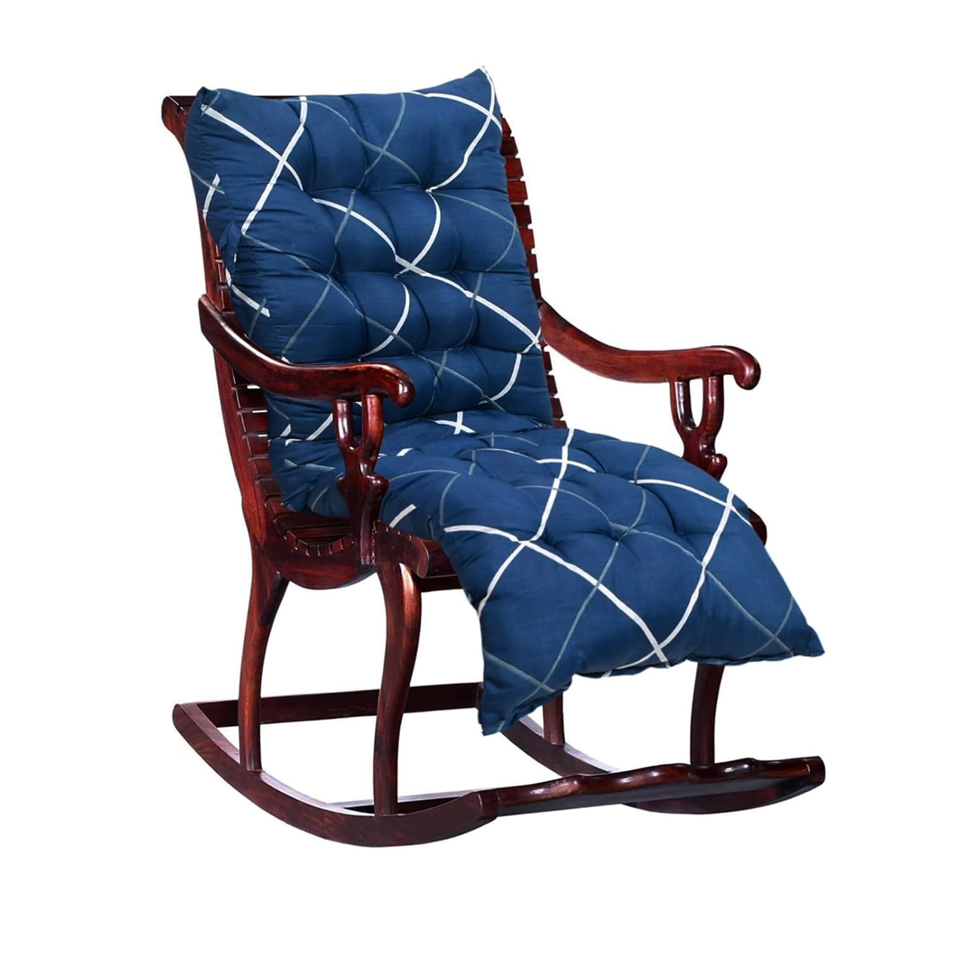 Kuber Industries Chair Cushions for Sitting | 18x48 Inch - Super Comfy Long Rocking Chairs Cushion | Chair Pad for Home, Office | XL-Back Seat Cushions with Ties | Geomatric Printed - Blue