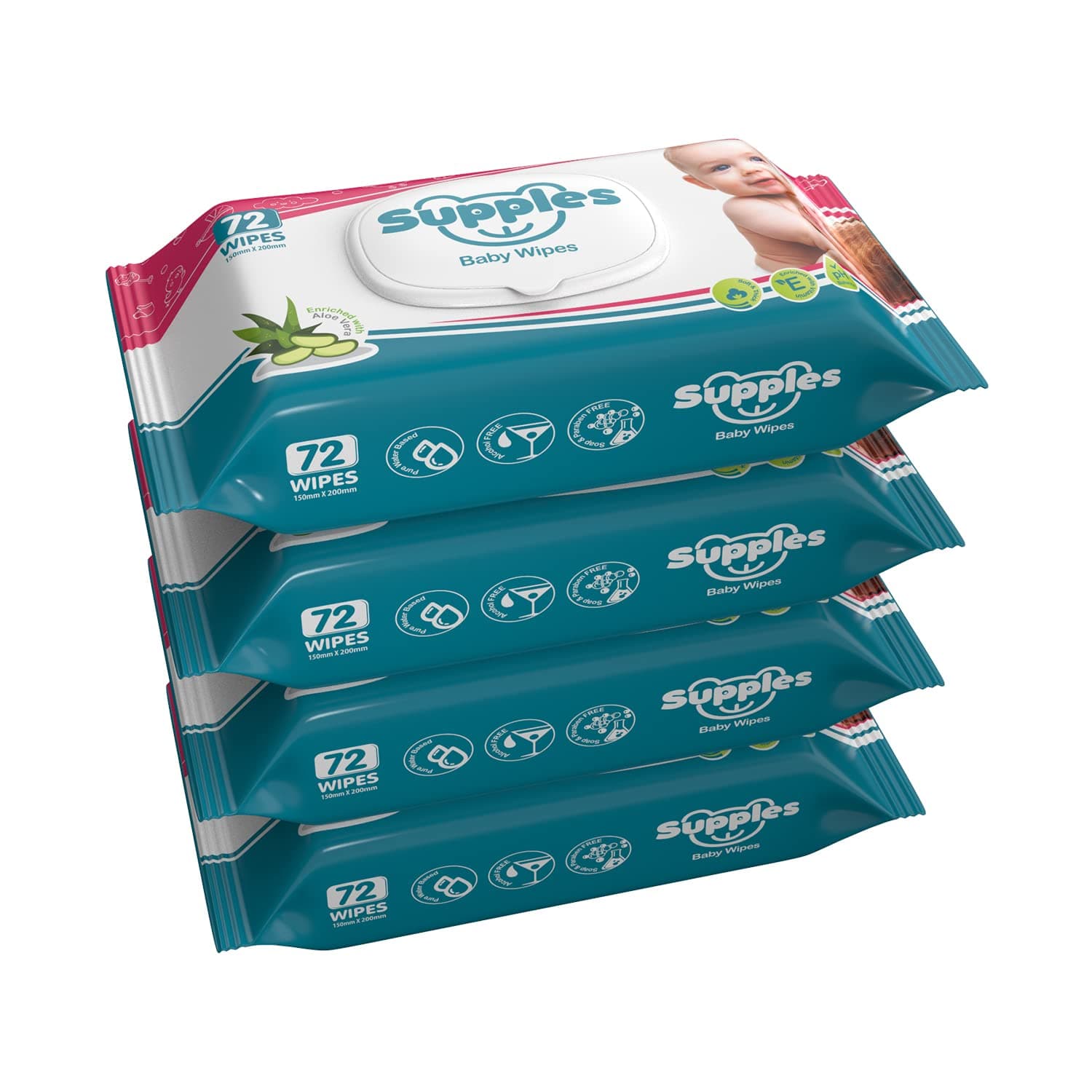 Amazon Brand - Supples Baby Wet Wipes with Lid | 288 Wipes | 72 Wipes x 4 Packs | Enriched With Aloe Vera and Vitamin E | Alcohol-Free and Paraben-Free | Pure Water-Based formulation