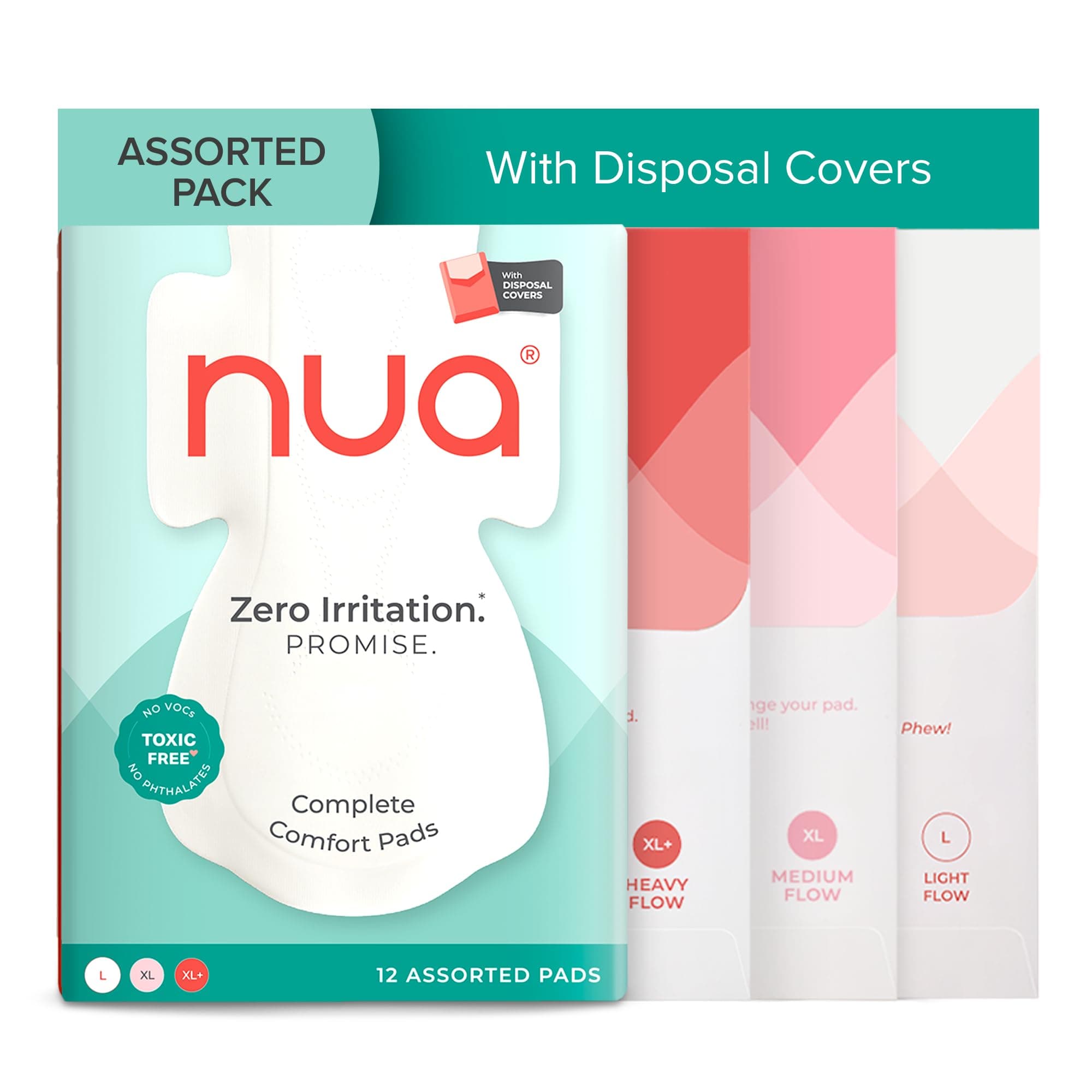 Nua Ultra-Safe 12 Sanitary Pads For Women | 3 sizes in 1: 3 Heavy Flow-XL+, 5 Medium-XL & 4 Light-L | Safe on Skin | Toxic-Free & Rash-Free | Unscented | Leakproof | With 12 Secure Shield Covers