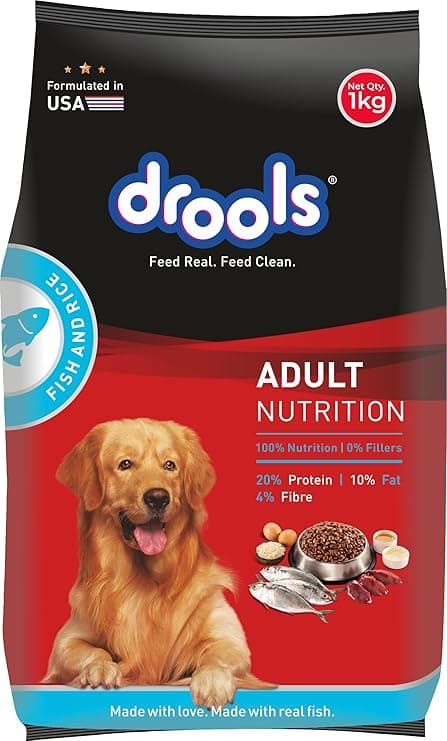 Drools Adult Dry Dog Food 1kg | Fish and Rice Flavour | Fish & Rice Formula | Gentle on Gut | Helps Maintain Strong Muscles and Vitality | Organic Chelated Minerals