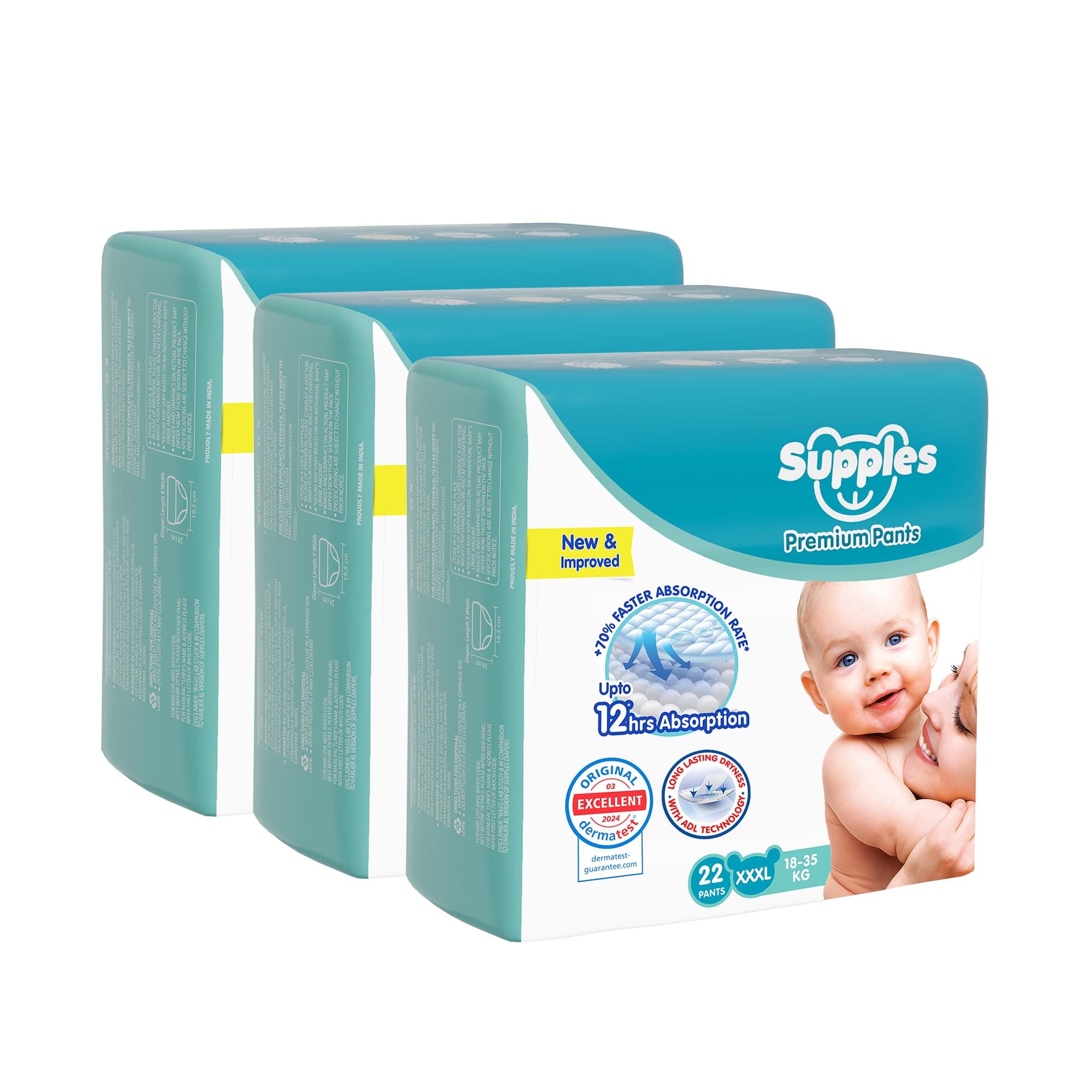 Amazon Brand - Supples Premium Baby Diaper Pants | 66 Baby Diapers | XXXL | 18-35 Kg | 12 Hrs Absorption | Cushiony Cotton Soft Fabric | Phthalates-Free | Triple Leak Guard | 22 Count, Pack of 3