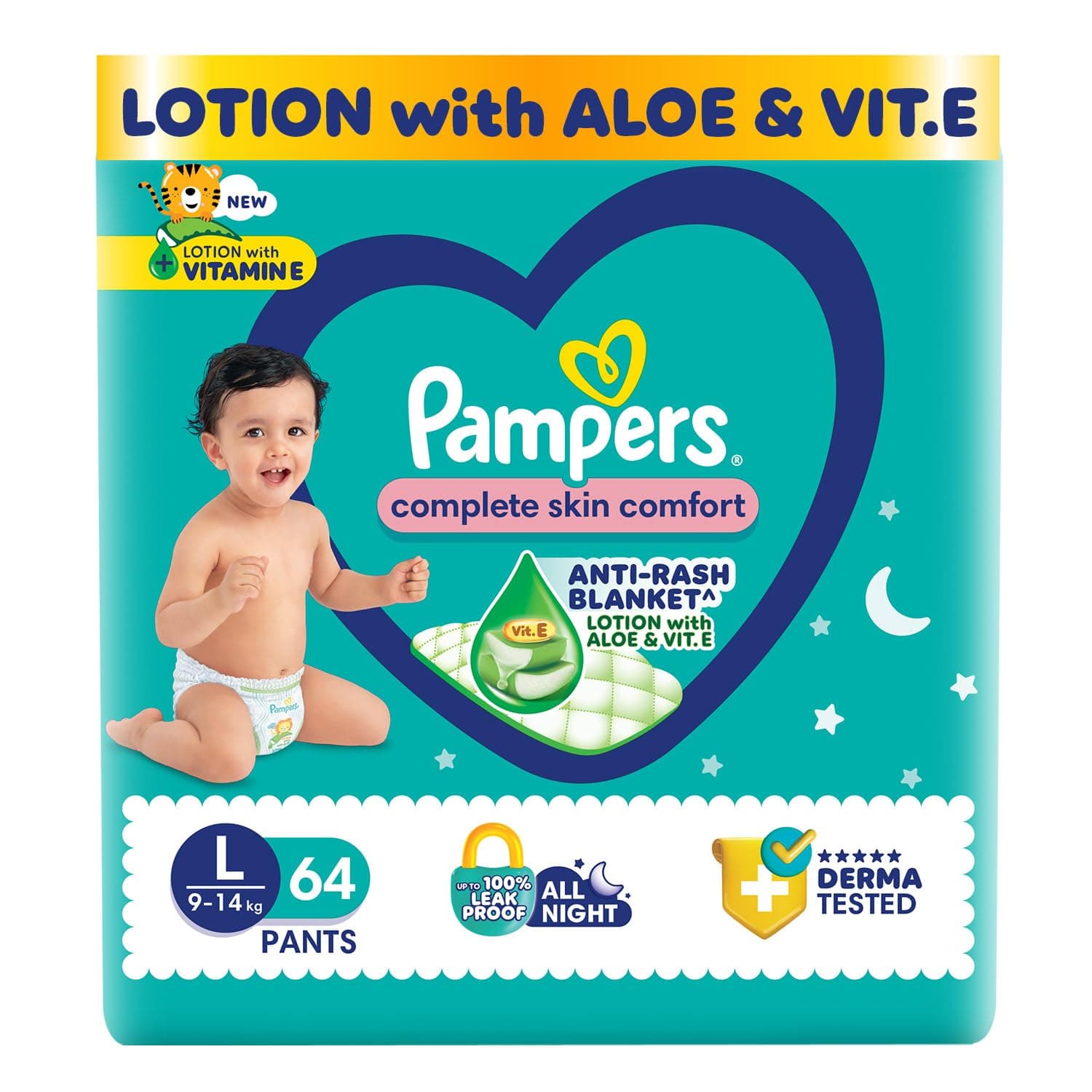Pampers Complete Skin Comfort Pants, Large (L), 64 Count, Anti-rash blanket, Lotion with Vitamin E & Aloe Vera, 9-14kg