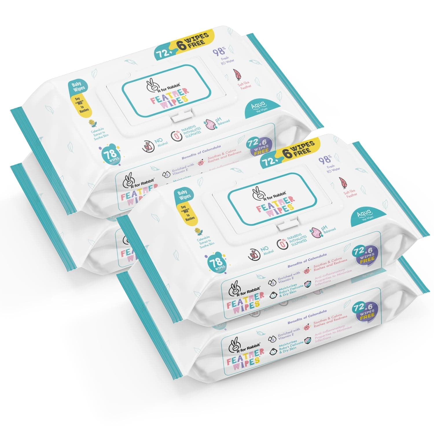 R for Rabbit Feather 312 Baby Wet Wipes for new born Combo Pack of 4