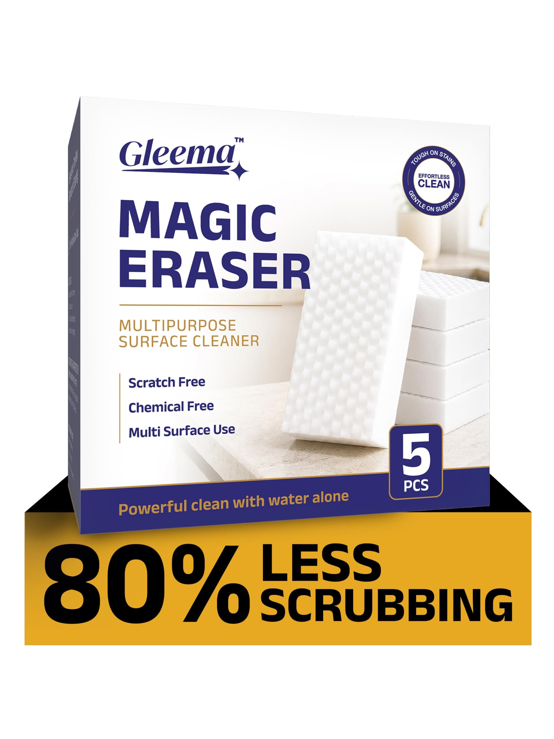 Gleema Magic Eraser | Pack of 5 | Scratch Free, Chemical Free, Multisurface Cleaner | Remove 100+ Stains from Walls, Shoes, Furniture, Switch Board & Kitchen | Tough on Stains & Gentle on Surface