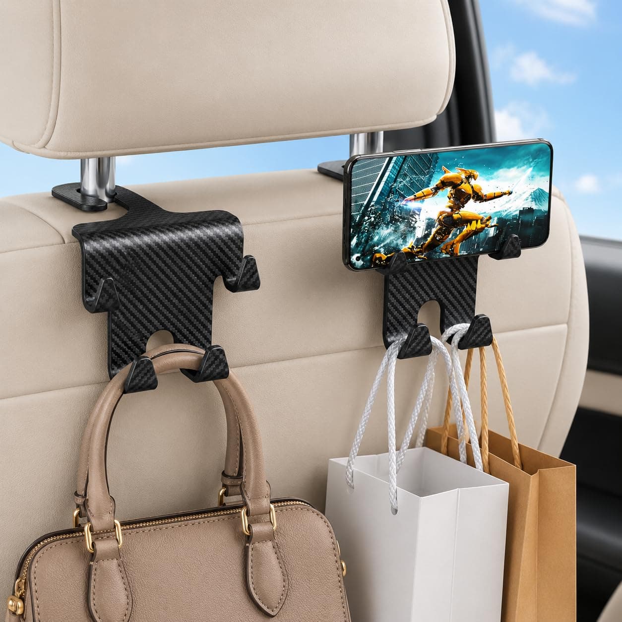 OFKY 2 Pcs Carbon Fibre Car Seat Headrest Hooks | Car Back Seat Bag Holder for Purses, Handbags, Mobile & Grocery Bags