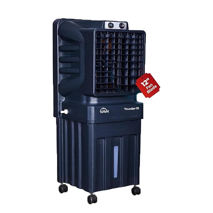 HAVAI Thunder-75 Tower Air Cooler | 70L Tank | 12″ Blade | Ideal for 150 sq ft Rooms | 130W Power | 10 ft Air Throw | 1350 RPM | Auto-Louver | 3-Speed | 1-Year On-Site Motor Warranty (Black)