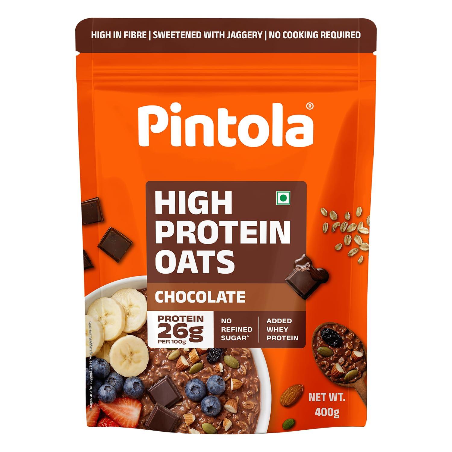 Pintola 26g High Protein Dark Chocolate Oats 400g, No Refined Sugar, with Almonds, Raisins, Pumpkin & Chia Seeds, 9.6g Fibre, Rolled Oats for Weight management, Breakfast Cereals