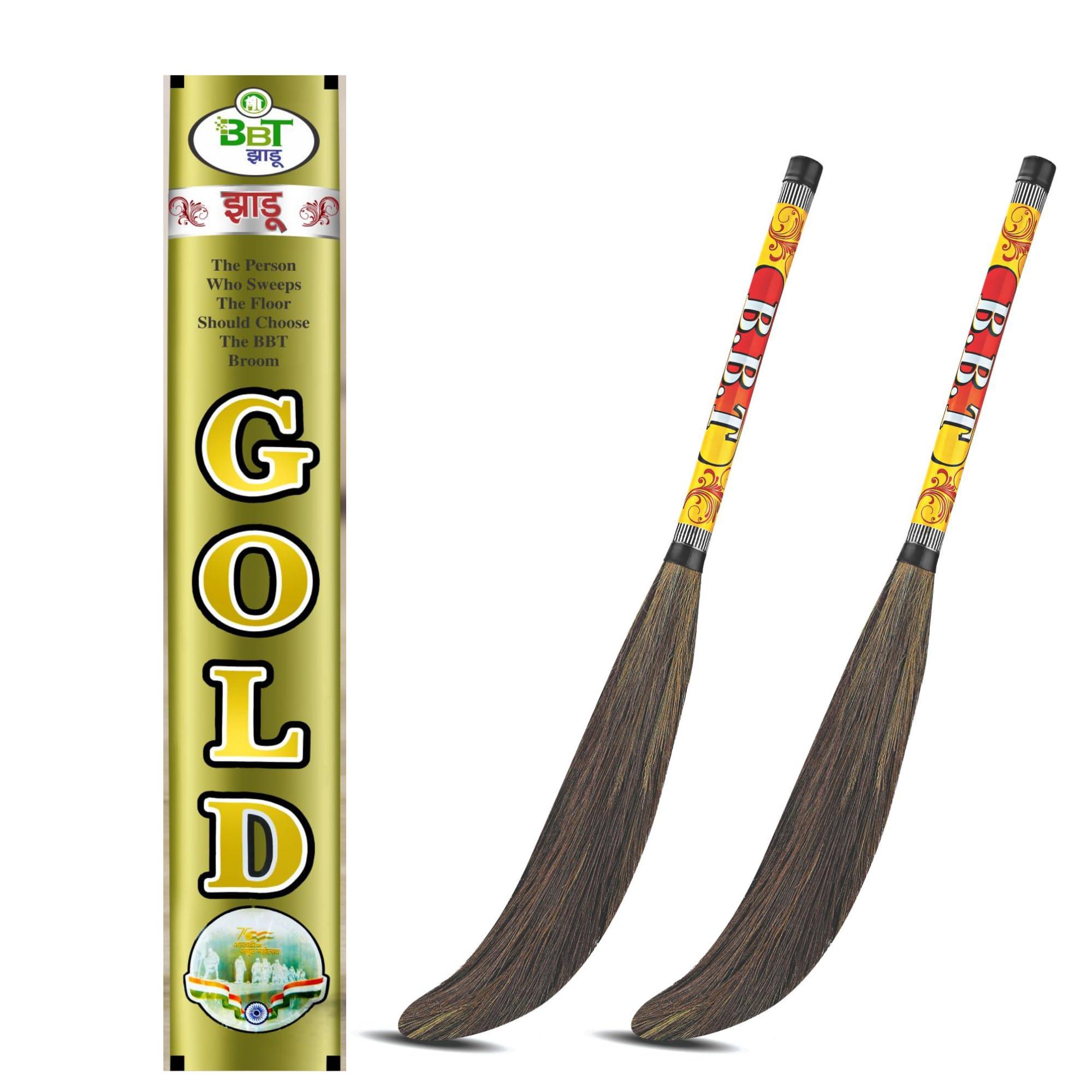 BBT Pack of 2 – Long Handle Natural Grass Broom for Home Floor Cleaning | Dust Control Jhadu | No Back Pain | Lightweight & Durable (Multi-Surface) (Gold)