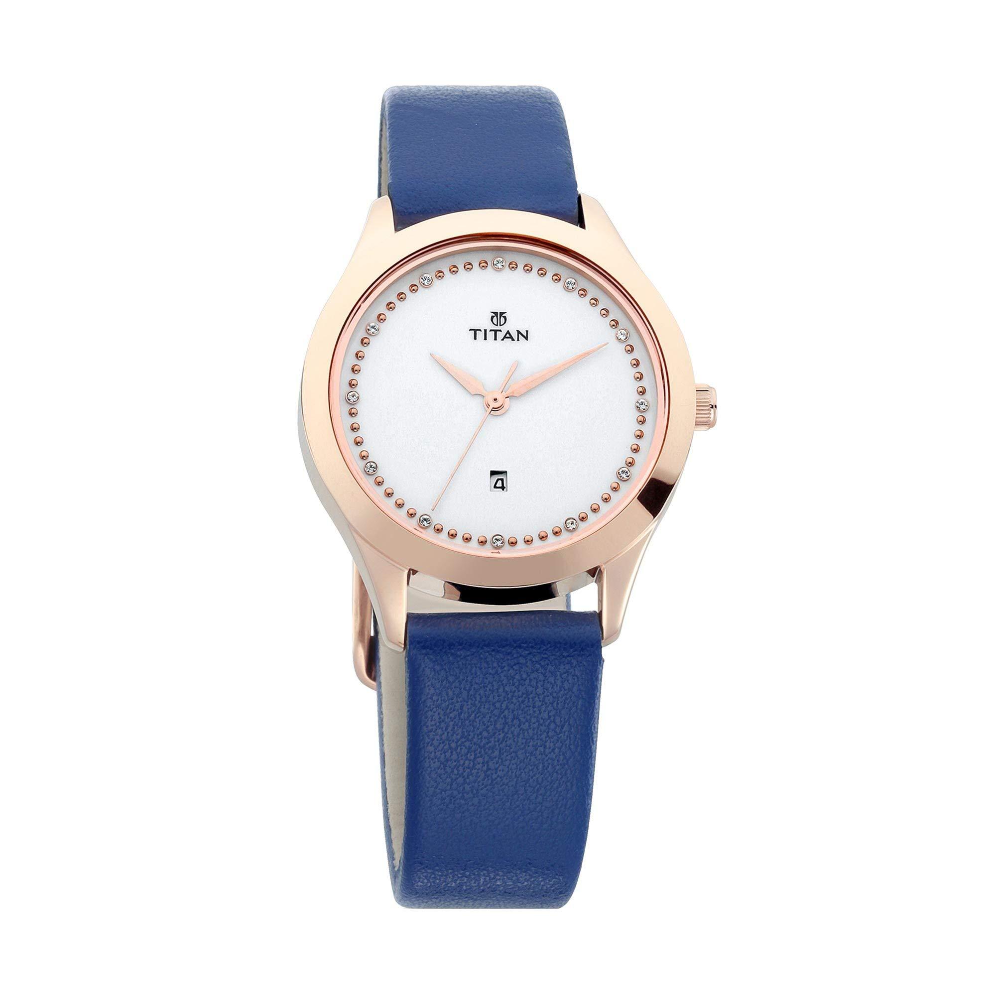 Titan Sparkle Quartz Analog With Date White Dial Blue Leather Strap Watch for Women - NT2570WL02