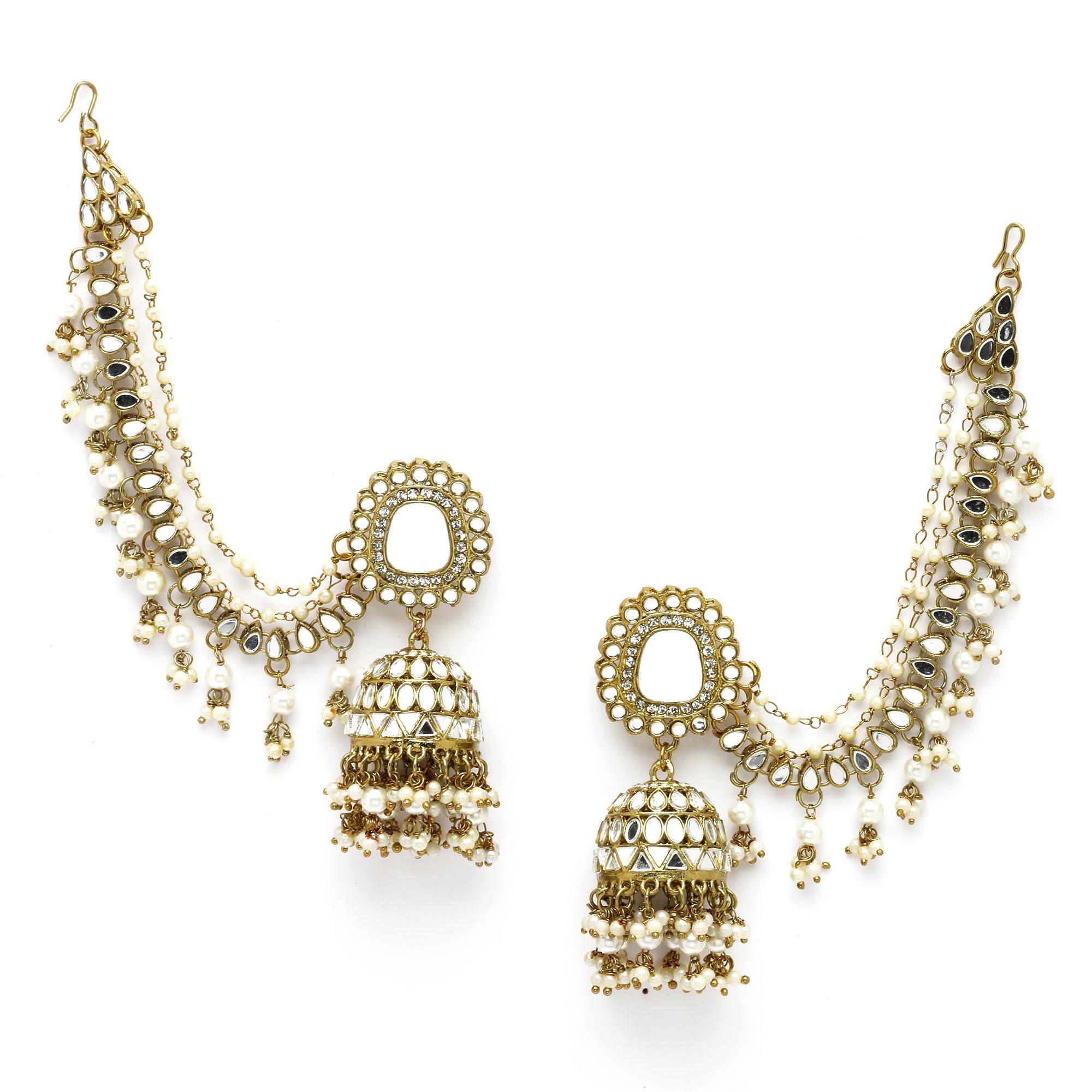 ZENEME Traditional Stylish Gold Plated Polki & Pearl Bahubali Jhumki Jhumka Earrings Jewellery For Girls And Women (Design 2)
