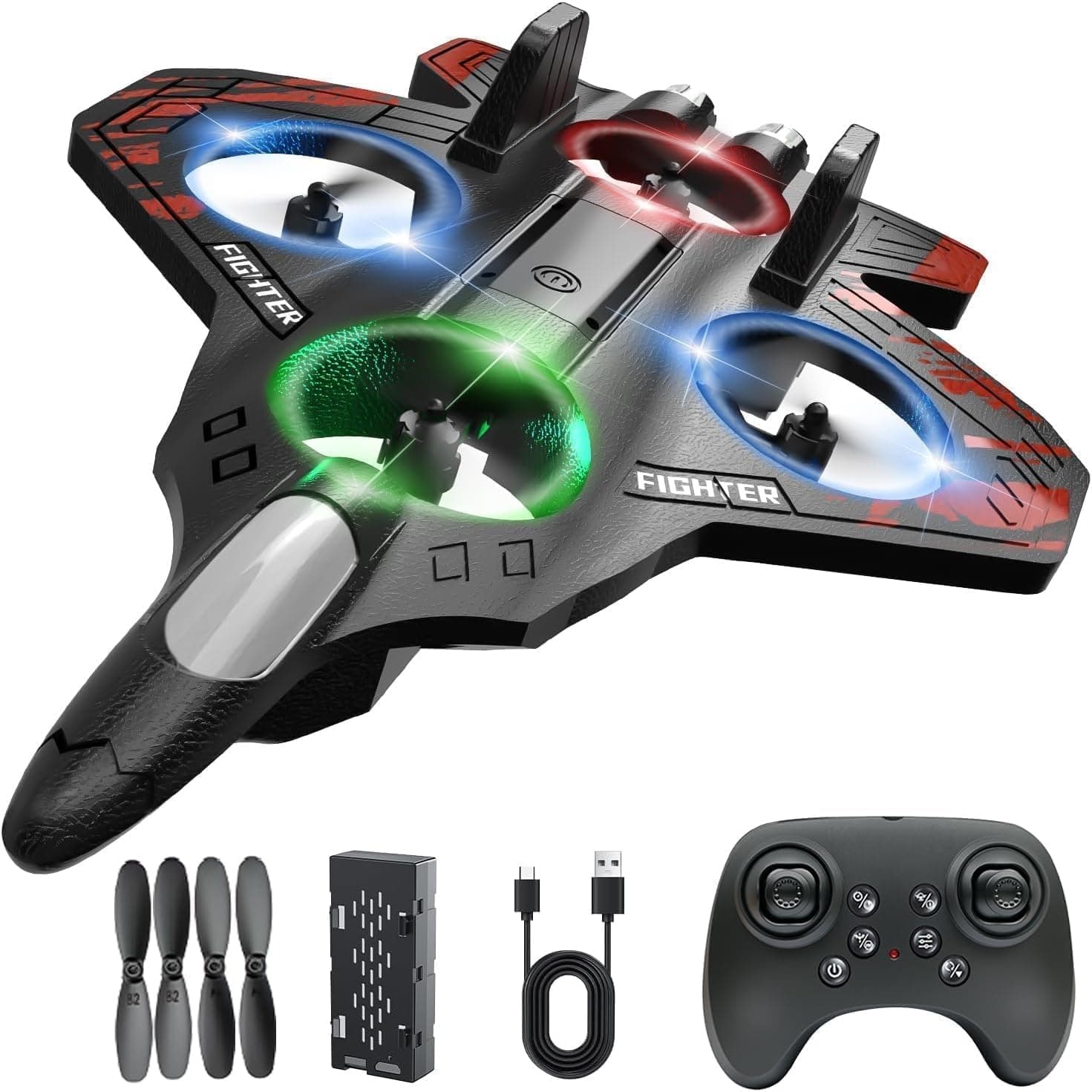 Amitasha Rechargeable Airplane RC Jet Plane Glider Toy with 2.4GHz Remote Controller, LED Light Flying Aircraft, Aerobatic Flip Glider for Kids, Teens & Adults, Easy Flight Control