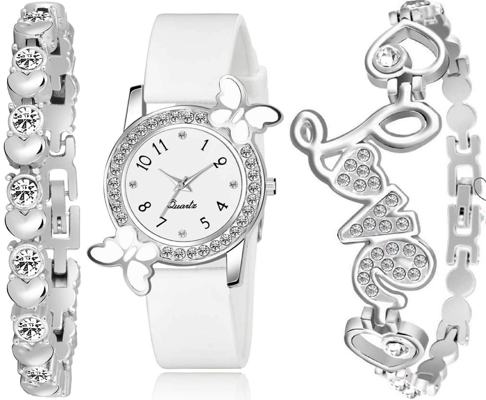 Acnos Polyurethane White Dial Diamond Analog Watch With 2 Diamond Bracelets for Girls - Butterfly Combo Pack of 3