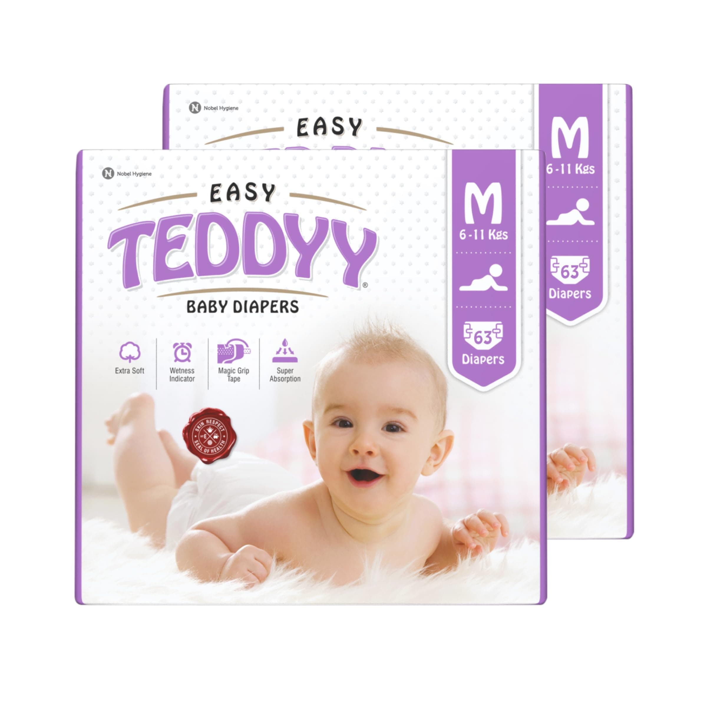 TEDDYY Easy Baby M Size Diaper Tape Style |126 Count (Medium) | 6-11 kgs (Pack of 2) | Quick Absorbency | Extra Super Soft | Anti - Bacterial | Wetness Indicator with Adjustable Grip Tapes