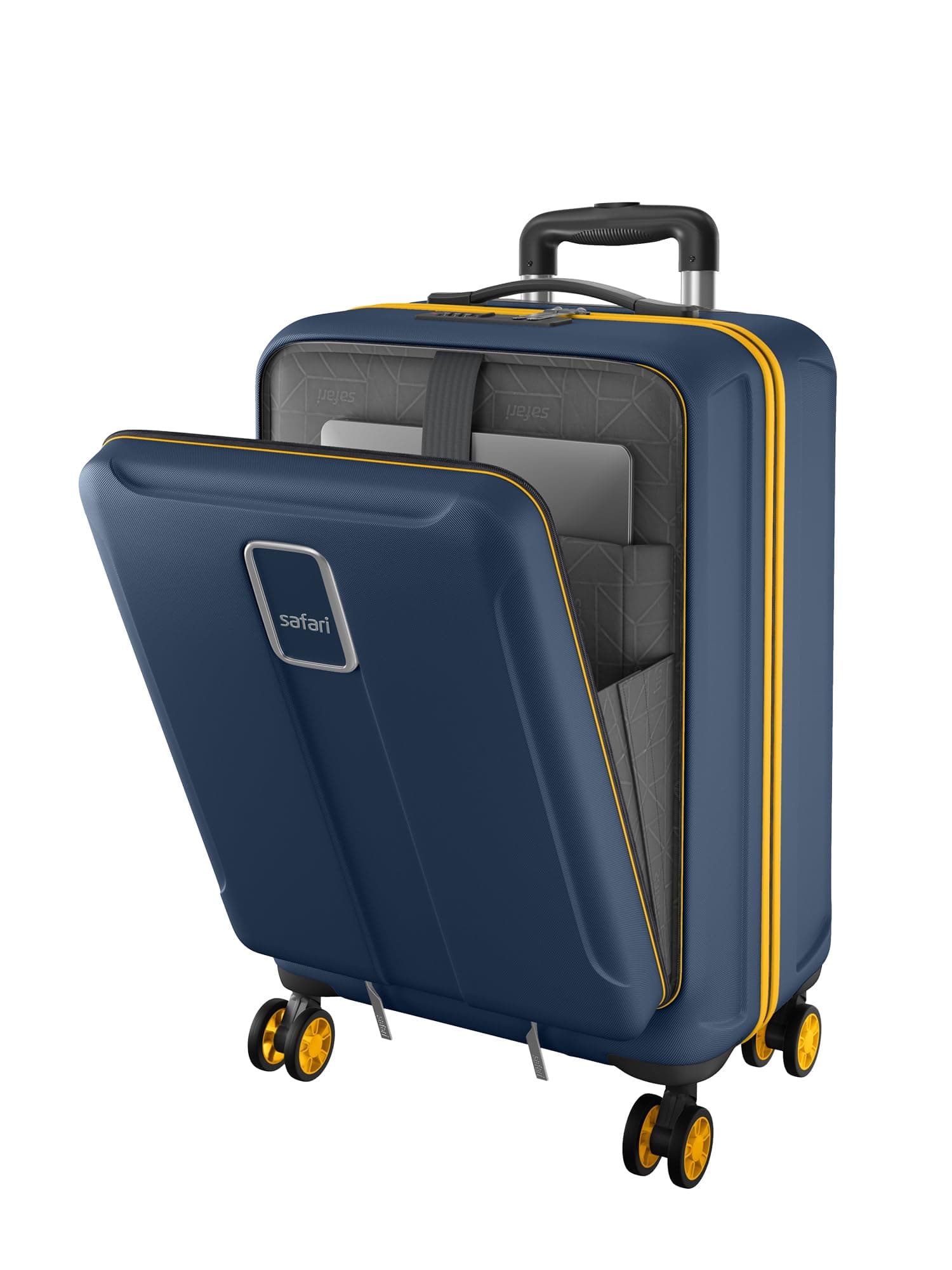 Safari Cabin Trolley Bag with Laptop Compartment, Hardside Polycarbonate Small (55cm) Suitcase | 360° 8 Wheel Spinner Travel Luggage| Recessed Combination Lock|Thorium Neo| Graphite Blue