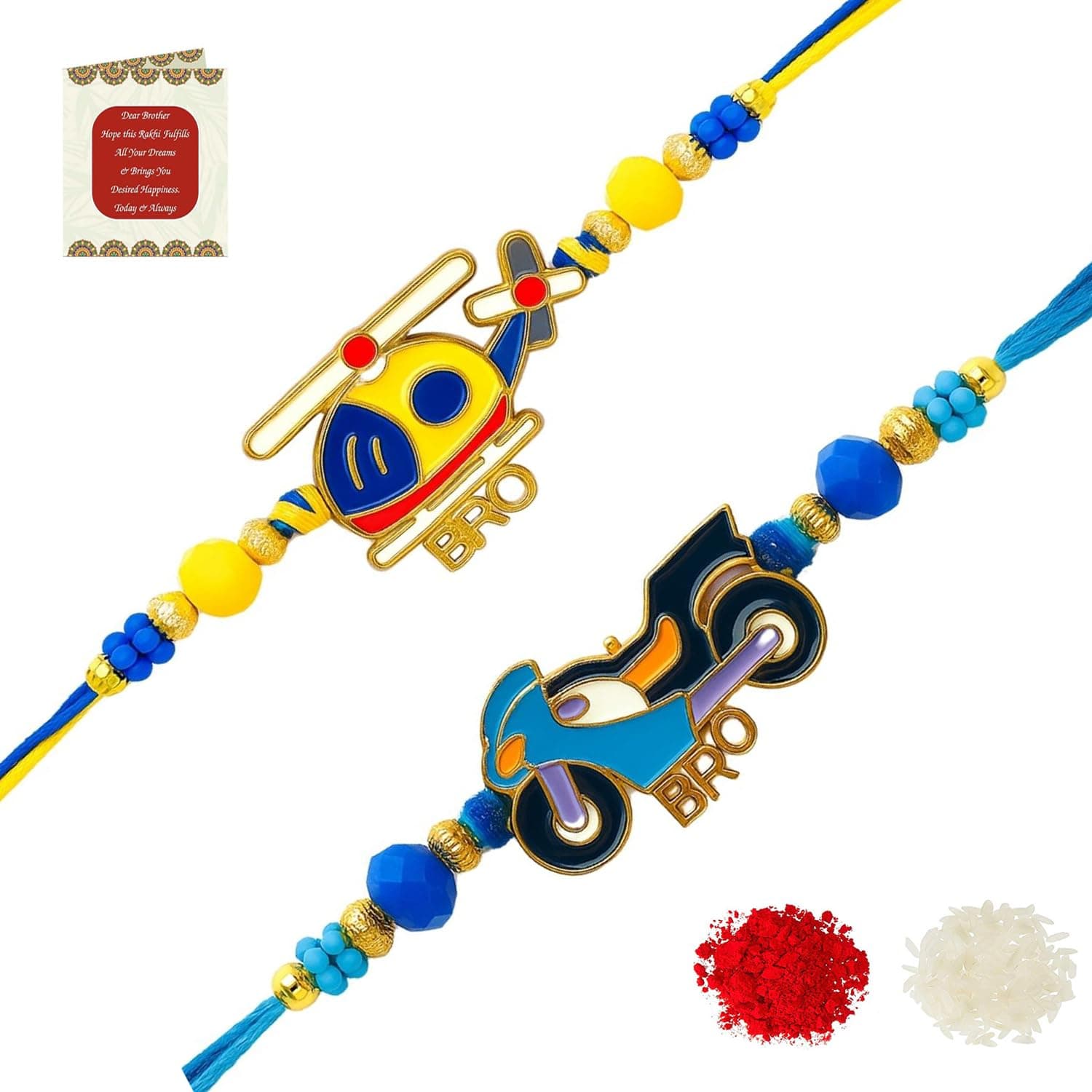 Riddhika Ventures Stylish Kids Rakhi (Set of 2) Gifts for Brother, Sister with Roli Chawal and Greeting Card (P20P21)