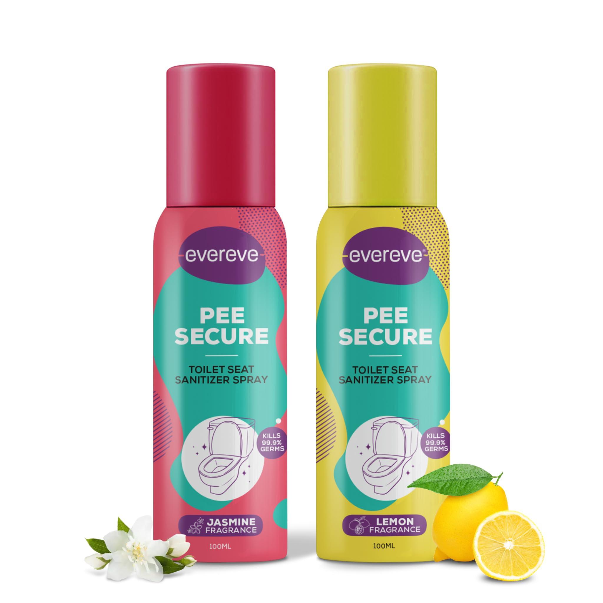 Evereve Pee Secure Toilet Seat Sanitizer Spray Combo, Pack of 2, 100ml, Jasmin & Lemon fragrance, Reduces the risk of UTI & other infections, Anti-Odour & Germ Killing Toilet spray, Kills 99.9% Germs