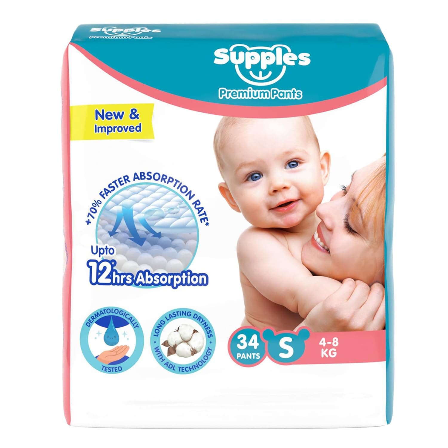 Amazon Brand - Supples Premium Diapers, Small (S), 34 Count, 4-8 Kg, 12 hrs Absorption Baby Diaper Pants