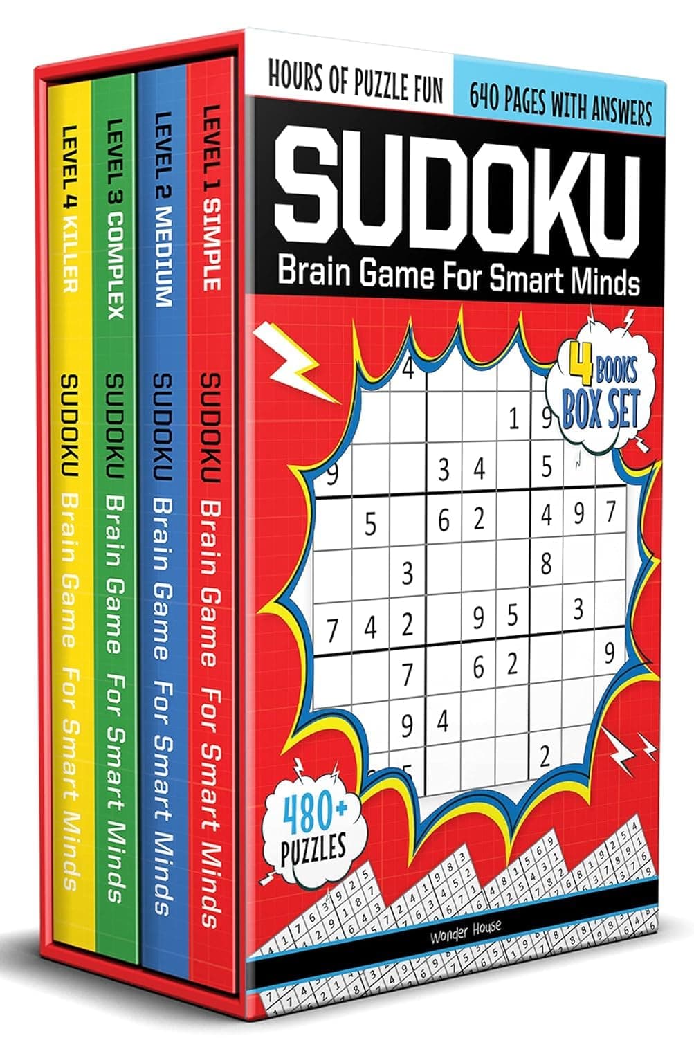 Sudoku - Brain Games For Smart Minds Box Set of 4 Books : Brain Booster Puzzles for Kids, 480 + Fun Games. Combo of Easy, Hard, Killer, Complex Levels.