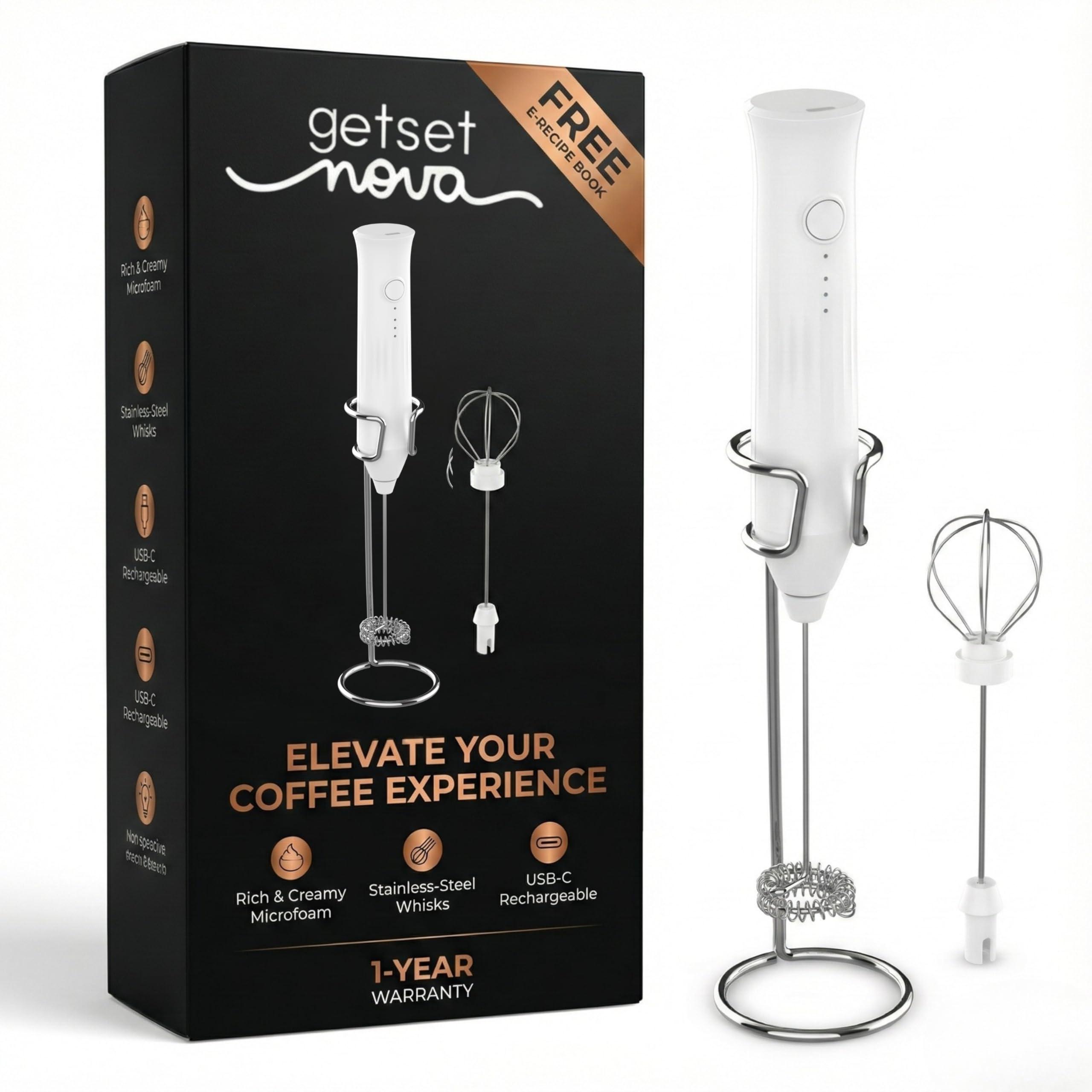 GetSetNova Milk Frother Rechargable Coffee Frother Milk & Beater for Cold Latte 2In1 Handheld Blender and Egg Whisker | 1 Year Warranty Free Frothy Recipe E-Book White (with Stand)