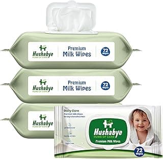 Hushabye Premium Milk Baby Wipes with lid- 0+ Months, pH balanced, Paraben & Alcohol Free, Moisturising & Thick Wipes with purified Water, Gentle & soothing, 288pcs, Pack of 4