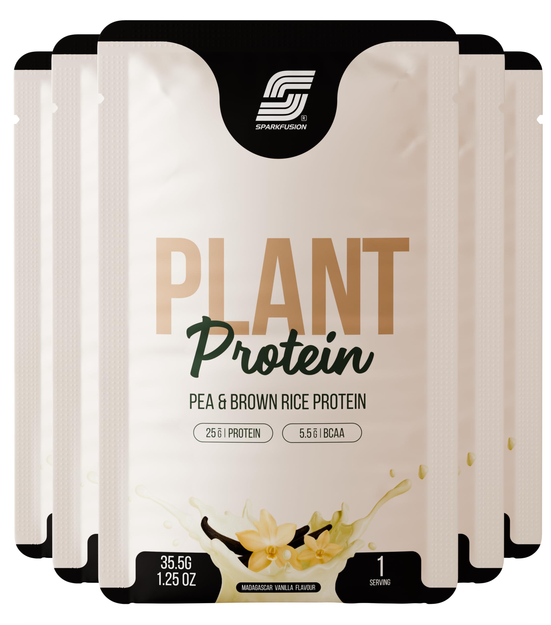 SparkFusion Plant Protein Powder | Pea & Brown Rice Protein | 25g Protein per Sachet | 5.5g BCAA | Vegan, Gluten Free, Sugar Free | Madagascar Vanilla Flavour | Pack of 10 Sachets