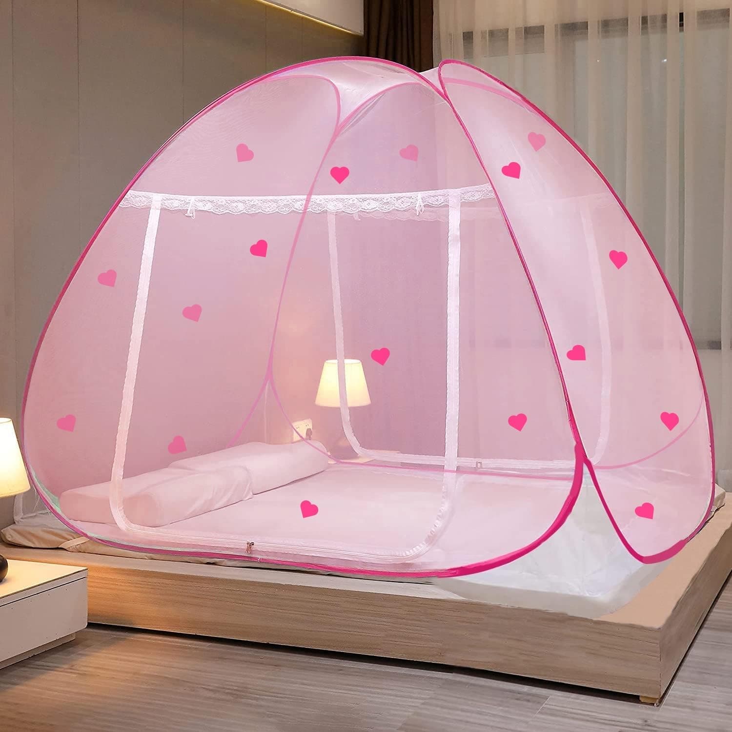 Evafly Mosquito Net for Double Bed | Heart Design (Limited Edition) | King Size Foldable Machardani | Polyester 30GSM Durable Net | PVC Coated Corrosion-Resistant Steel Wire - Full Pink