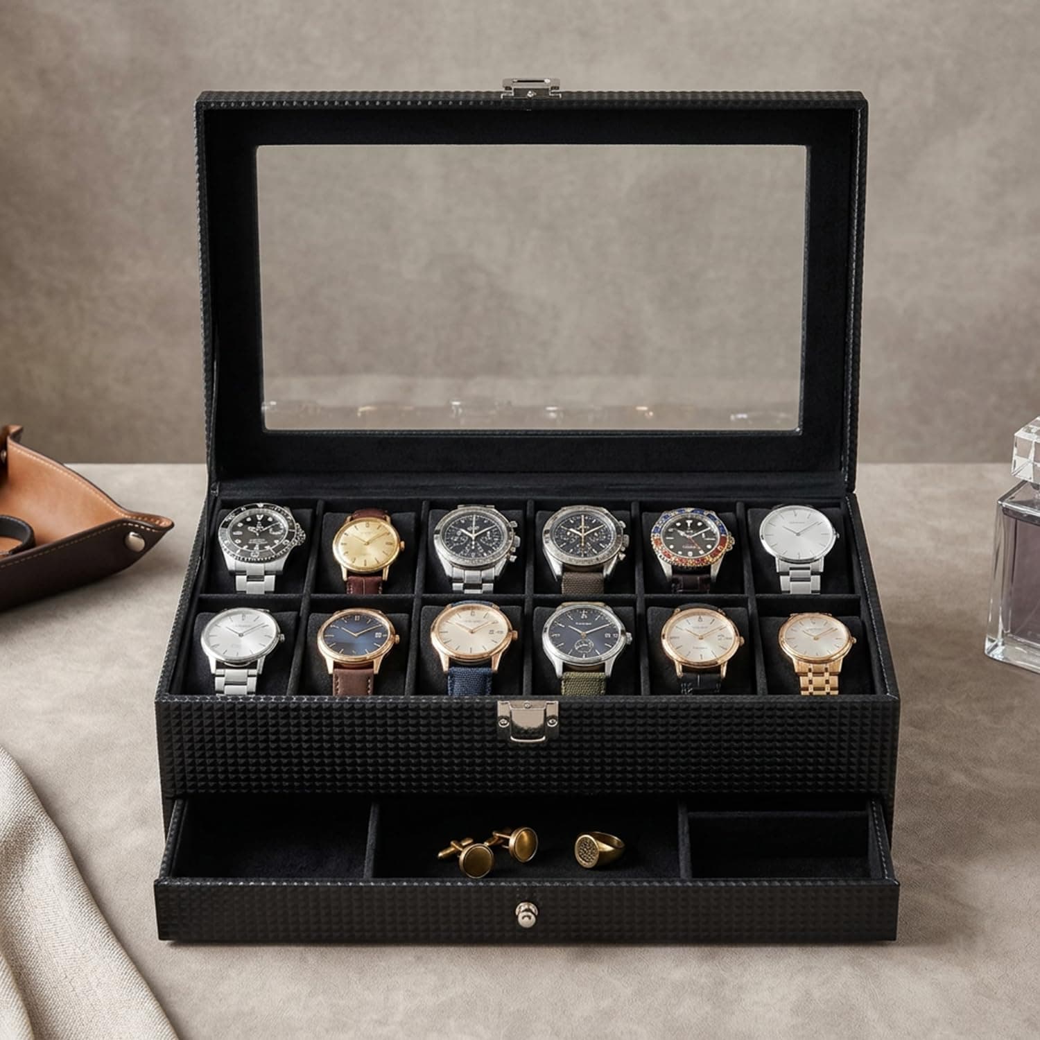 Amazon Basics Sliding Drawer 12-Slot Watch and Jewelry Organizer – Faux Leather & MDF Storage Box for Men and Women, Black