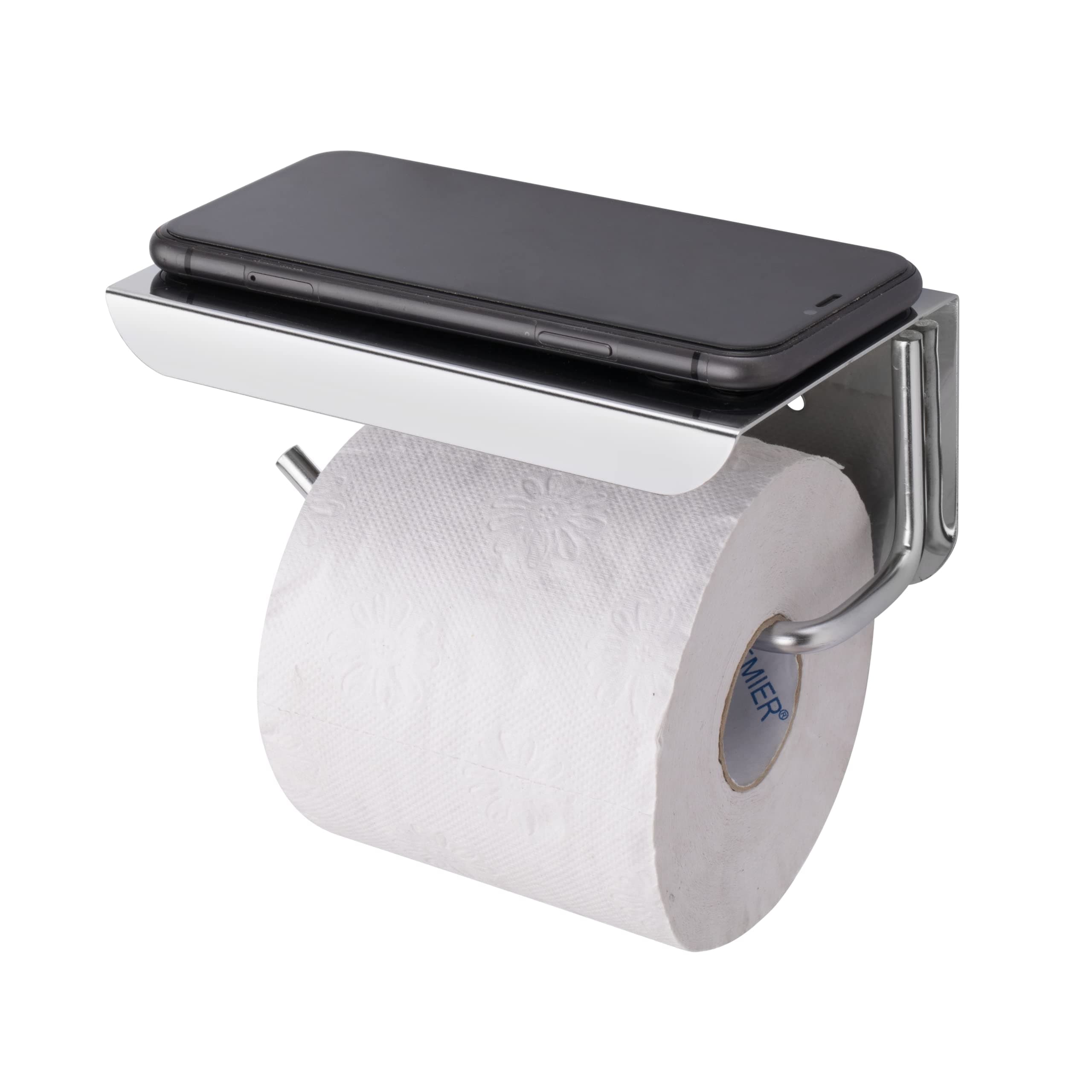 ACHRO Self Adhesive and Wall Mount Stainless Steel Toilet Paper Holder with Mobile Stand, Wall Mounted Tissue Paper Holder with Shelf, Toilet Paper Roll Holder for Bathroom with Nickel Satin Finish