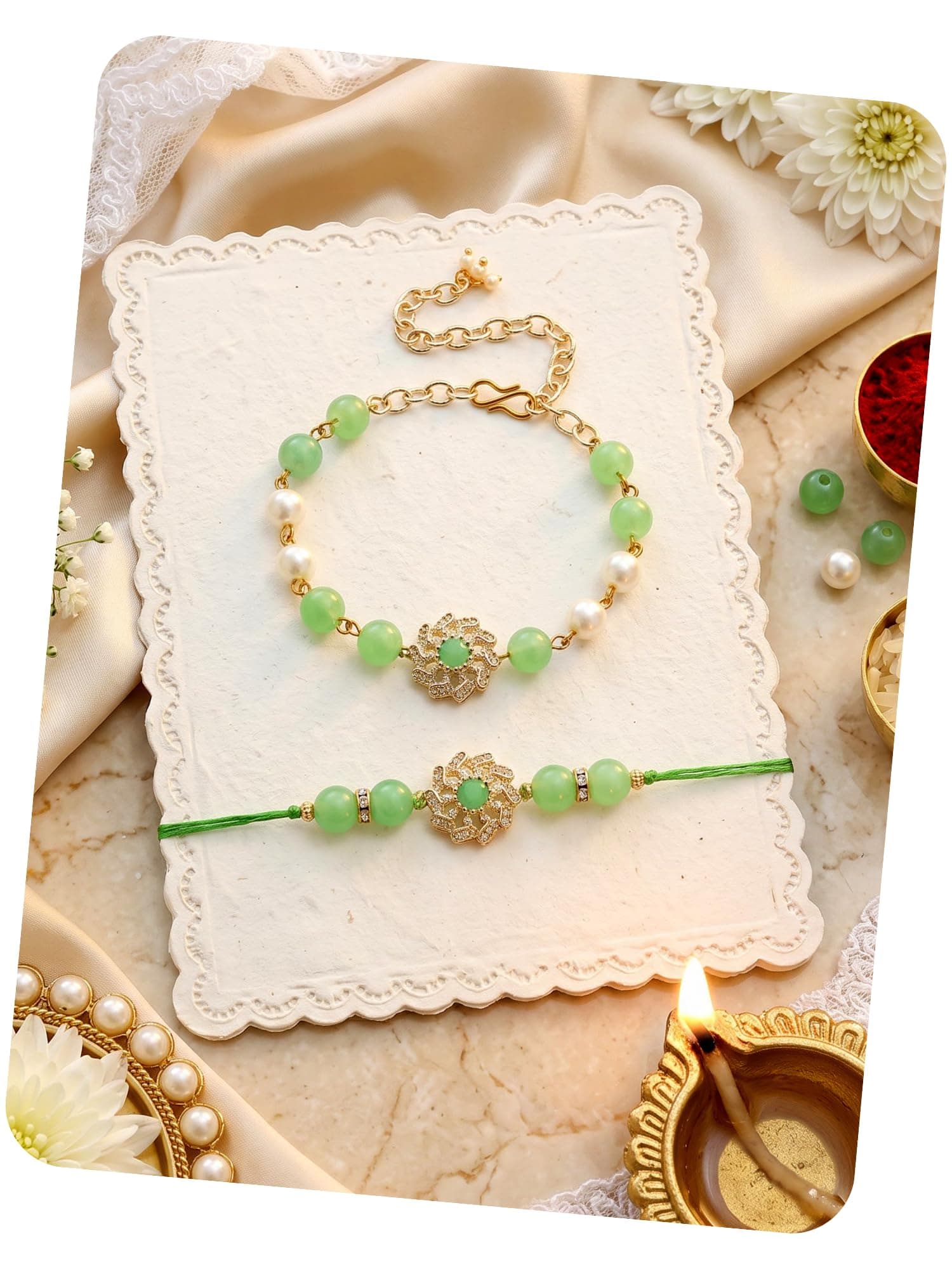 Karatcart Light Green Bead Floral Design Handmade Kundan Bhaiya Bhabhi Rakhi with Roli and Chawal
